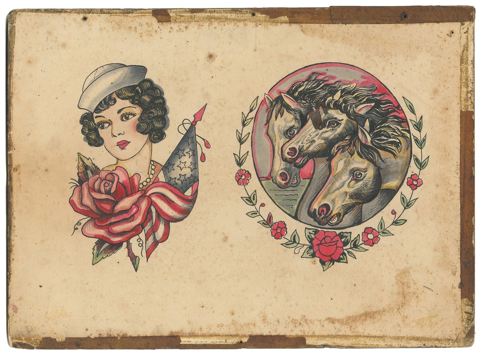 Sailor Girl and Pharaoh’s Horses by Earl Brown: Hand-painted sheet by Earl Brown (d. 1983), Midwestern/Southern US, ca. 1930s-1940s. Ink and watercolor on board. Two classic sailor-era designs featuring a Sailor Girl and Pharaoh’s Horses with