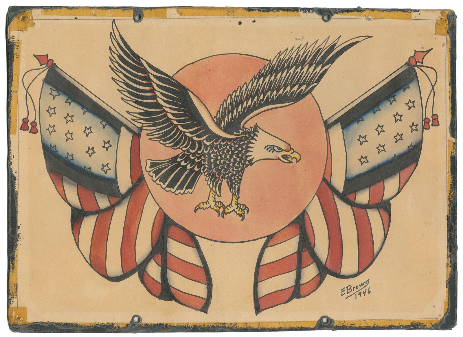 Earl Brown Single Patriotic Flash Design, ca. 1946: Hubert Earl Brown (American, 1904-1983). Earl Brown Single Patriotic Flash Design, ca. 1946. Signed and dated to the lower right margin. Single ink and watercolor design on board, with strong patrioti