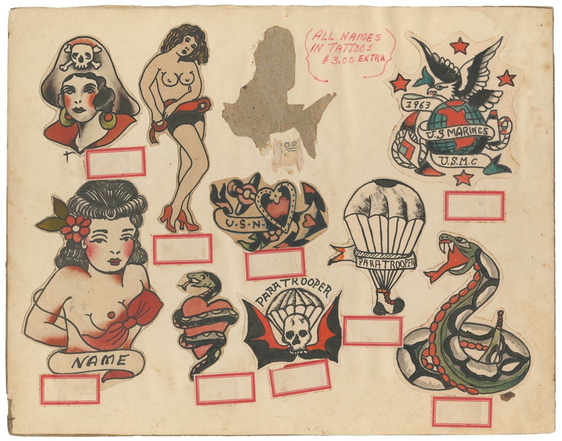 Ace Harlyn Attributed Tattoo Flash Sheet. NYC, 1940s-1960s: Ace Harlyn (attributed). Ace Harlyn Tattoo Flash Sheet. NYC, 1940s-1960s. Nine ink and watercolor flash designs on paper, mounted to board. 14 x 11". One design has been removed from sheet; toning wit