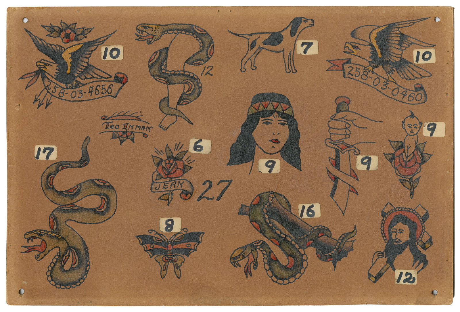 Twelve Tattoo Flash Designs by Ted Inman, ca. 1949: Ted Inman Sr. (American, 1911 - 1971). Twelve Tattoo Flash Designs by Ted Inman, ca. 1949. Signed to the center left margin. Twelve ink and watercolor flash designs on board. 10 x 15". Moderately tone