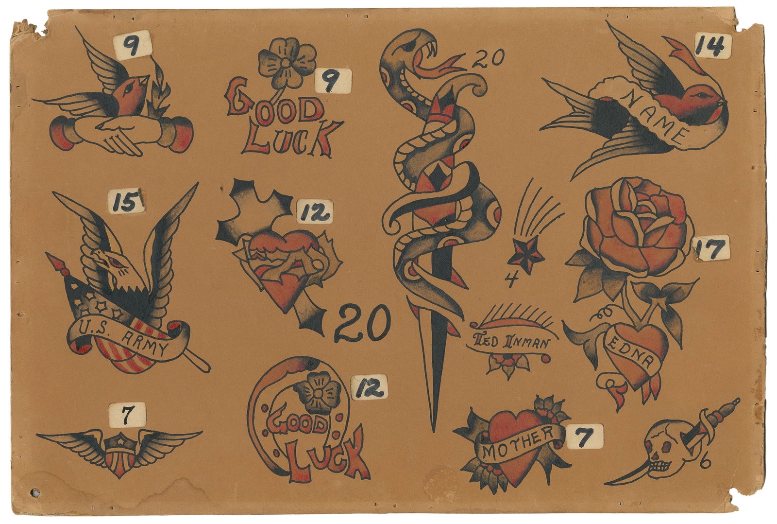 Ted Inman Flash Sheet w/ Twelve Designs. USA, Mid 20th Century: Ted (Don) Inman Jr. (American,1933-2010). Ted Inman Flash Sheet w/ Twelve Designs. USA, Mid 20th Century. Signed. Twelve ink and watercolor designs on board. 10 x 15". Moderately toned board, still wi