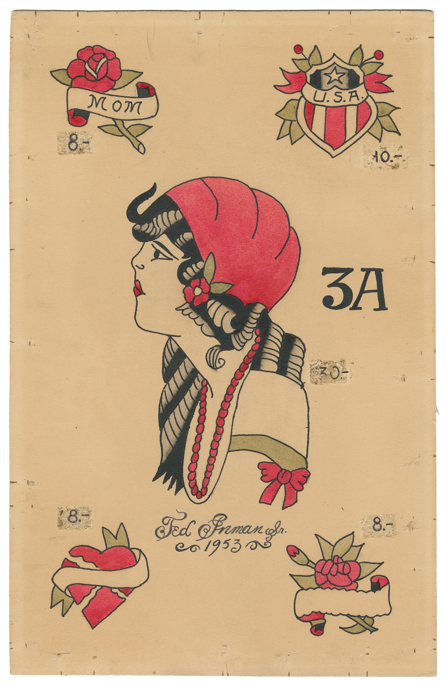 Ted Inman Five Design Flash Sheet Featuring Profile Portrait, 1953: Ted (Don) Inman Sr. (American, d. 1971). Ted Inman Five Design Flash Sheet Featuring Profile Portrait, 1953. Signed and dated to the lower center. Ink and watercolor on board. Larger 7" design featuri