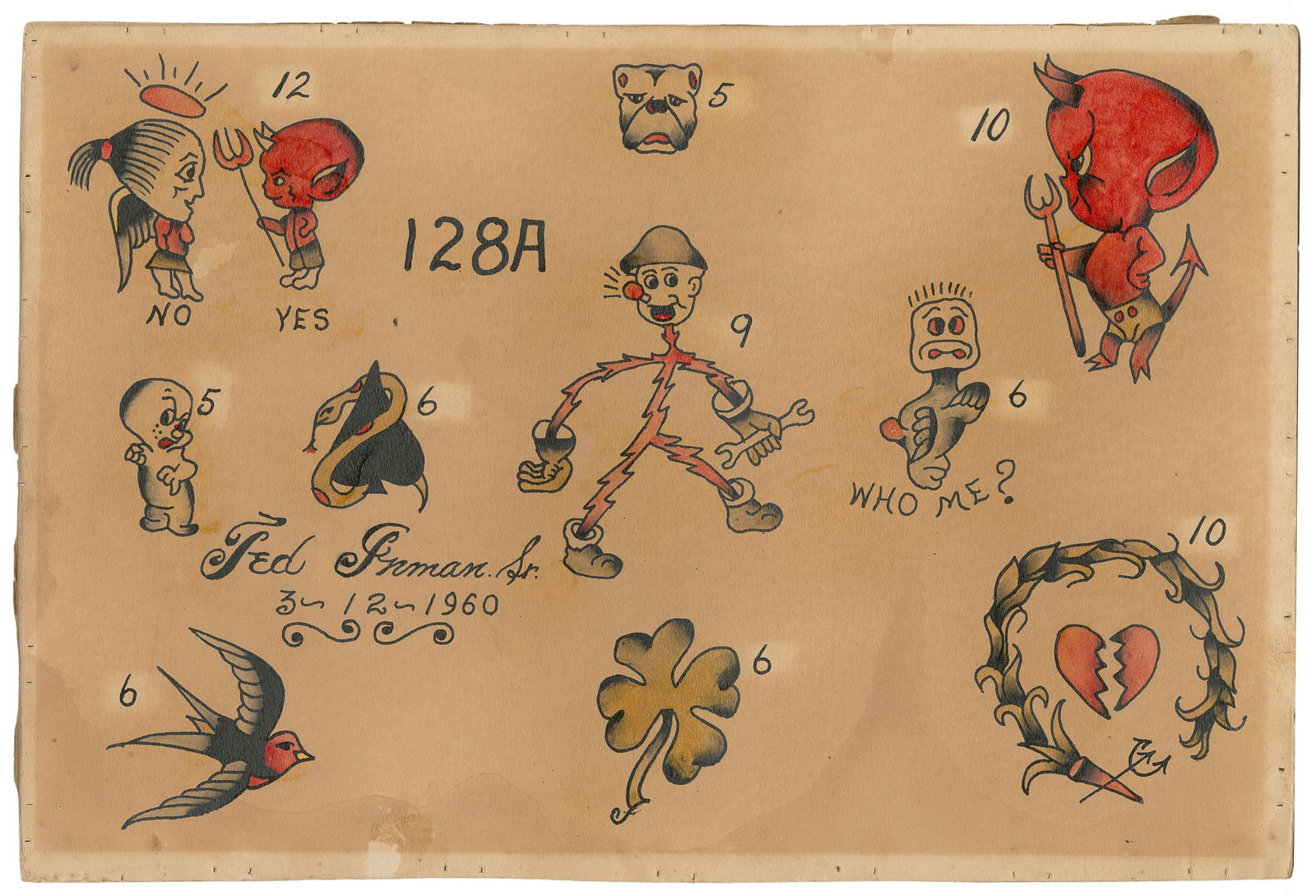 Ted Inman Sr. Flash Sheet w/ Ten Designs, USA, 1960: Ted Inman Sr. (American, 1911 - 1971). Ted Inman Sr. Flash Sheet w/ Ten Designs, 1960. Signed and dated. Ink and watercolor on board. 10 x 15". Toning to sheet with areas of darkening and spot stainin