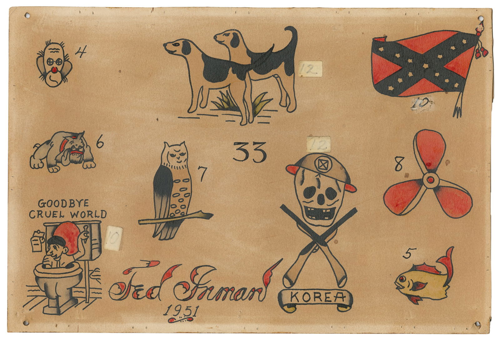 Ted Inman Hand-Colored Tattoo Flash Sheet, USA, 1951: Ted Inman Sr. (American, 1911 - 1971). Ted Inman Hand-Colored Tattoo Flash Sheet, USA, 1951. Signed and dated. Nine ink and watercolor designs on board. 10 x 15". Moderate wear to sheet with toning th