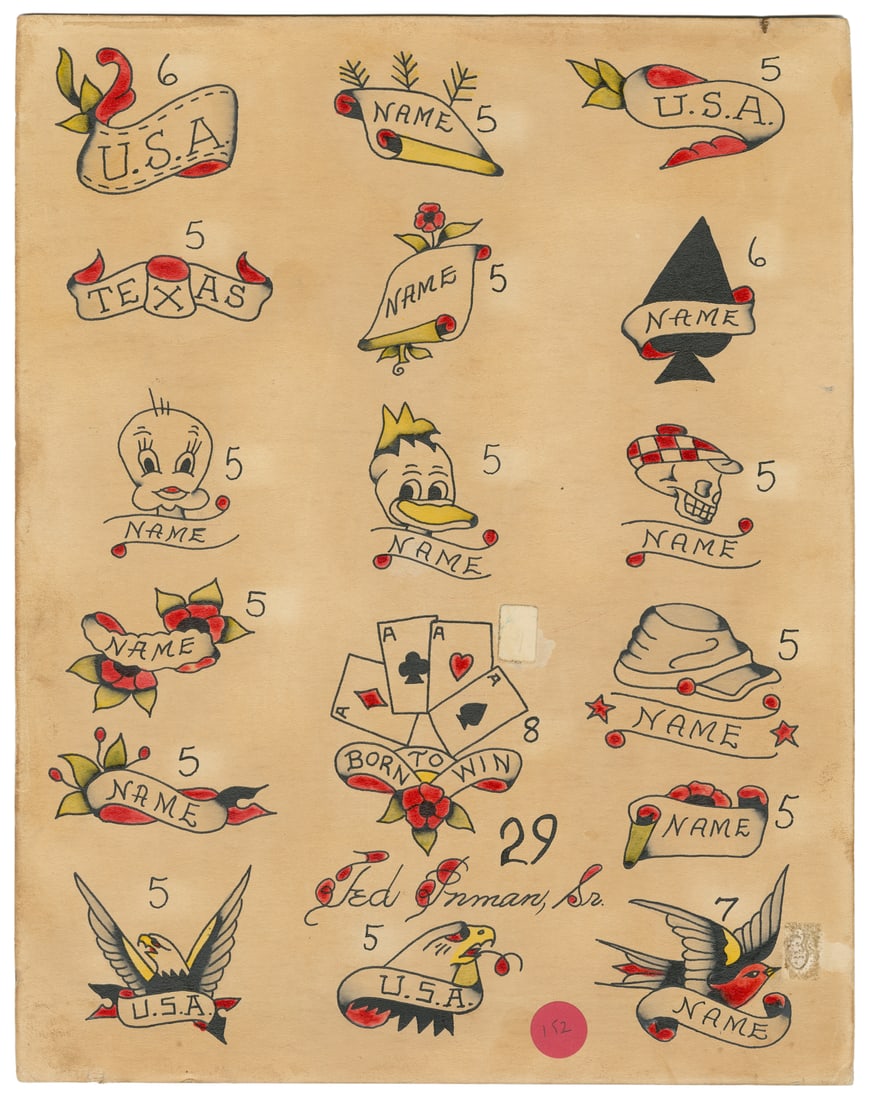 Seventeen Tattoo Flash Designs by Ted Inman Sr. USA, 1940s/1950s.: Ted Inman Sr. (American, 1911 - 1971). Seventeen Tattoo Flash Designs by Ted Inman Sr. USA, 1940s/1950s. Signed to the lower center margin. Seventeen ink and watercolor designs on board, all around 3"