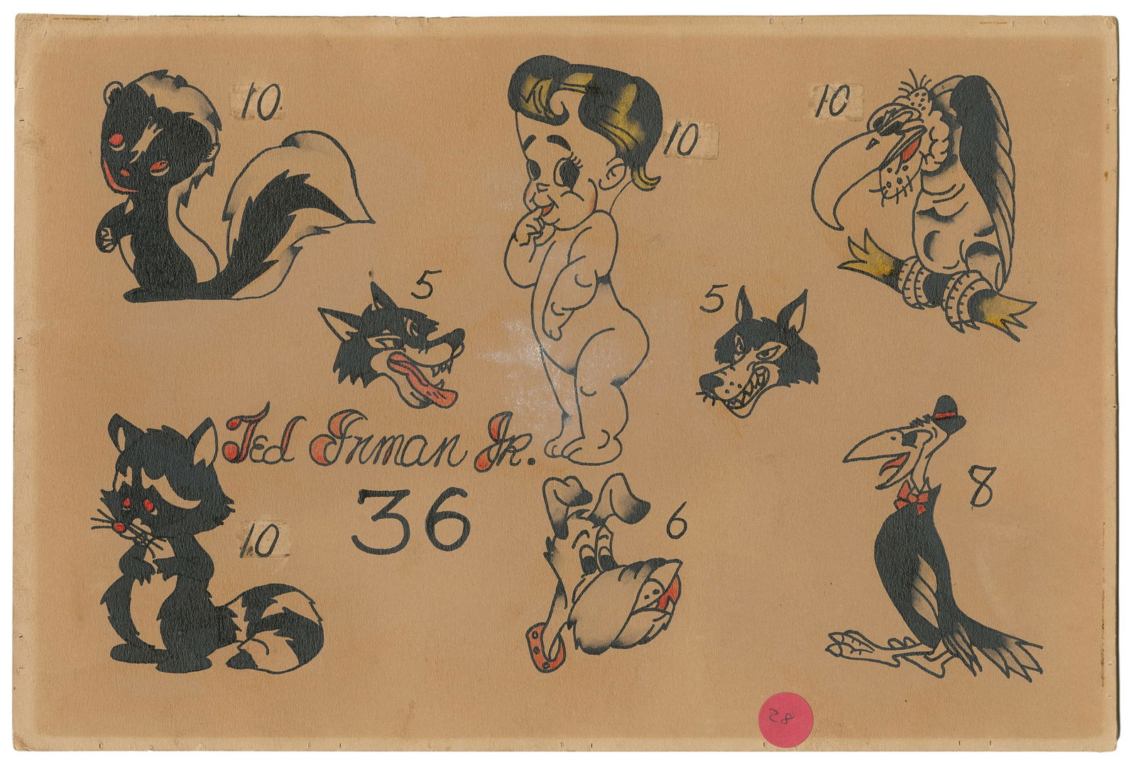 Ted (Don) Inman Jr. Cartoon Flash Sheet. USA, Mid 20th Century: Ted (Don) Inman Jr. (American,1933-2010). Ted (Don) Inman Jr. Cartoon Flash Sheet. USA, Mid 20th Century. Signed. Eight ink and watercolor designs on board. 10 x 15". Toning to sheet; edgewear. 