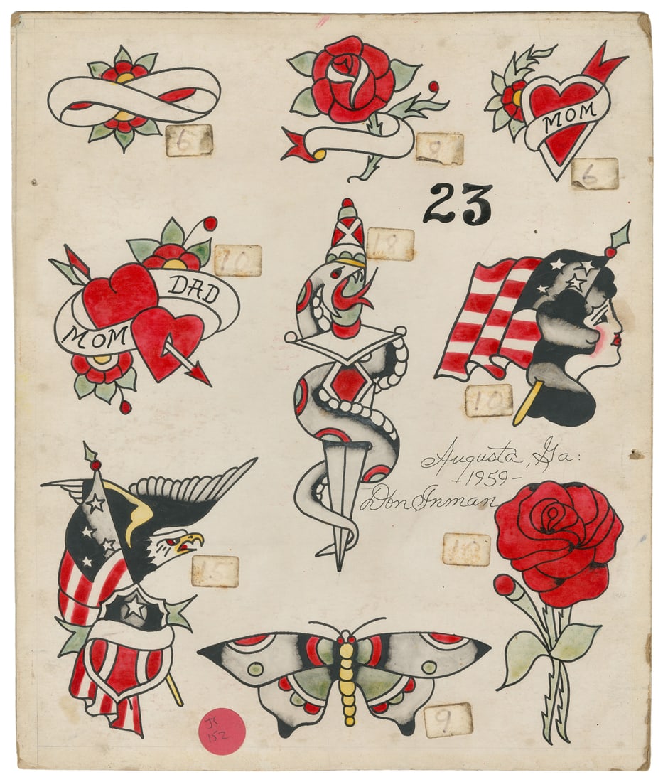 Tattoo Flash with Roses and Hearts by Don Inman. Augusta, GA., 1959.: Tattoo Flash with Roses and Hearts by Don Inman. Augusta, GA., 1959. Ink and watercolor on Crescent board. 12 x 10". Provenance: The Jonathan Shaw Collection