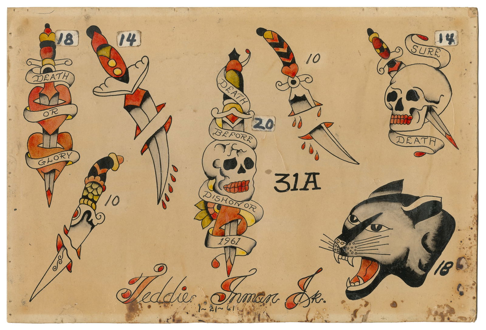 Ted Inman Jr. Tattoo Flash Sheet w/ Dagger Designs. USA, 1961: Ted (Don) Inman Jr. (1933-2010). Ted Inman Jr. Tattoo Flash Sheet w/ Dagger Designs. USA, 1961. Signed and dated to the lower center margin. Seven ink and watercolor flash designs featuring dagger