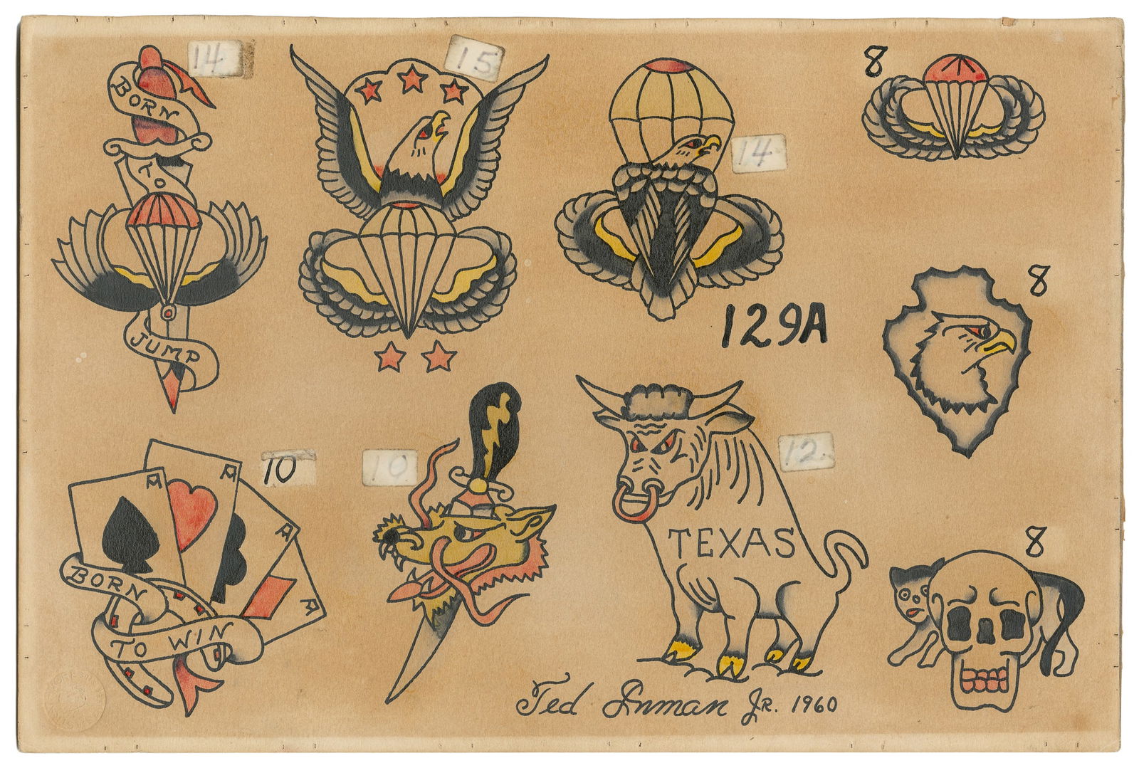 Nine Flash Designs by Ted Inman Jr. USA, 1960: Ted (Don) Inman Jr. (1933-2010). Nine Flash Designs by Ted Inman Jr., USA, 1960. Signed and dated to the lower center margin. 9 ink and watercolor designs on board featuring flash dedicated to