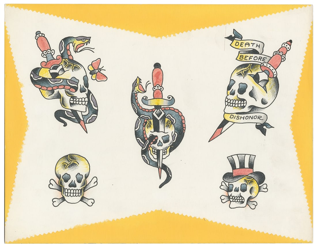Five Skull Motif Flash Sheet by Paul Rogers, Mid 20th Century: Paul Rogers (American, 1905-1999). Five Skull Motif Flash Sheet by Paul Rogers, Mid 20th Century. Unsigned. Five hand-colored skull motifs on paper with yellow border. 11 x 14". Minimal toning; very