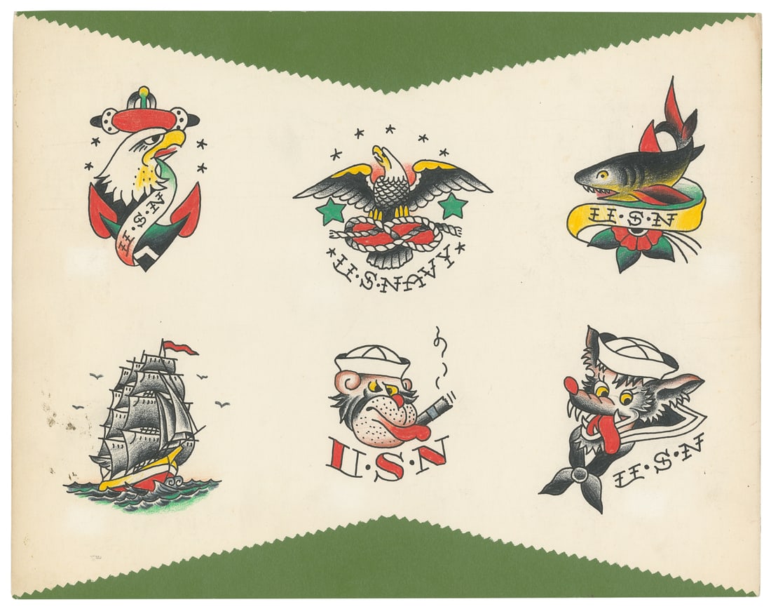 Paul Rogers U.S. Naval Flash Sheet, Mid 20th Century: Paul Rogers (American, 1905-1999). Paul Rogers U.S. Naval Flash Sheet, Mid 20th Century. Unsigned. Six hand-colored U.S Naval designs. 11 x 14". Light toning to sheet, notably to the outer margins; sc