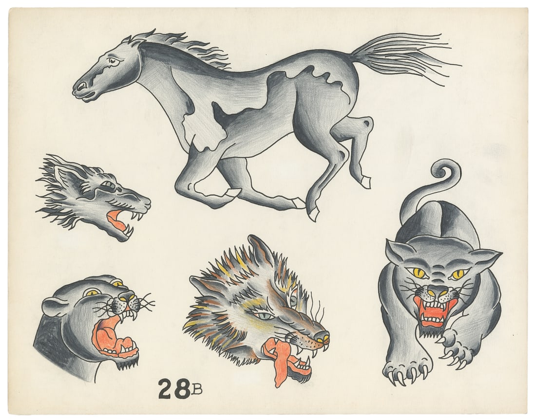 Paul Rogers Five Animal Design Flash Sheet. USA, Ca. 1950s: Paul Rogers (American, 1905-1999). Paul Rogers Five Animal Design Flash Sheet. USA, Ca. 1950s. Unsigned, sheet numbered 28B to the lower left. Five hand-colored animal designs on board. 11 x 14". 