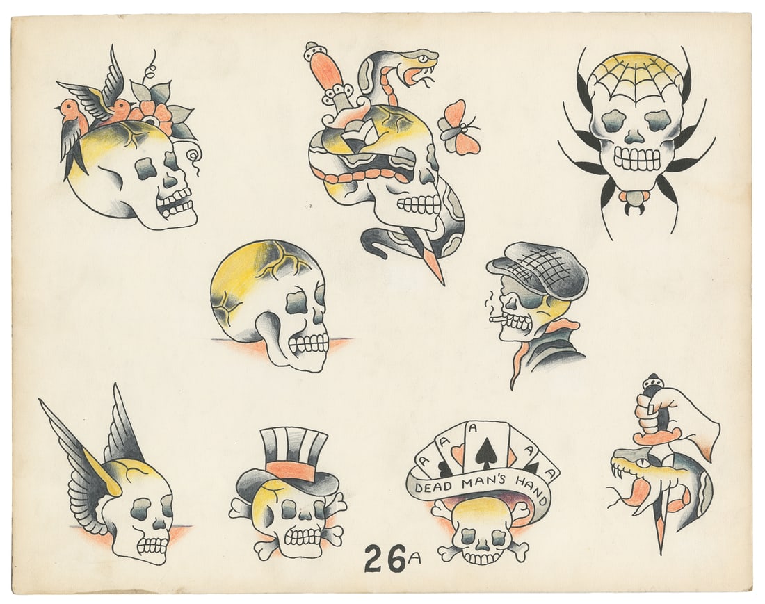 Paul Rogers Flash Sheet featuring Skull Motifs, 1960s: Paul Rogers (American, 1905-1999). Paul Rogers Flash Sheet w/ Skull Motifs, 1960s. Unsigned. Nine hand-colored skull designs on paper. 11 x 14". Light toning to sheet, most notably to the edges;