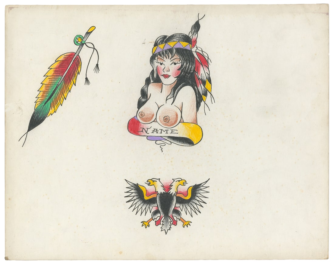 Coney Island Joe Three Design Flash Sheet, 1980s: Coney Island Joe (American, active 20th Century). Coney Island Joe Three Design Flash Sheet, 1980s. Unsigned. Three hand-colored flash designs on board. 11 x 14". Light toning with foxing present;