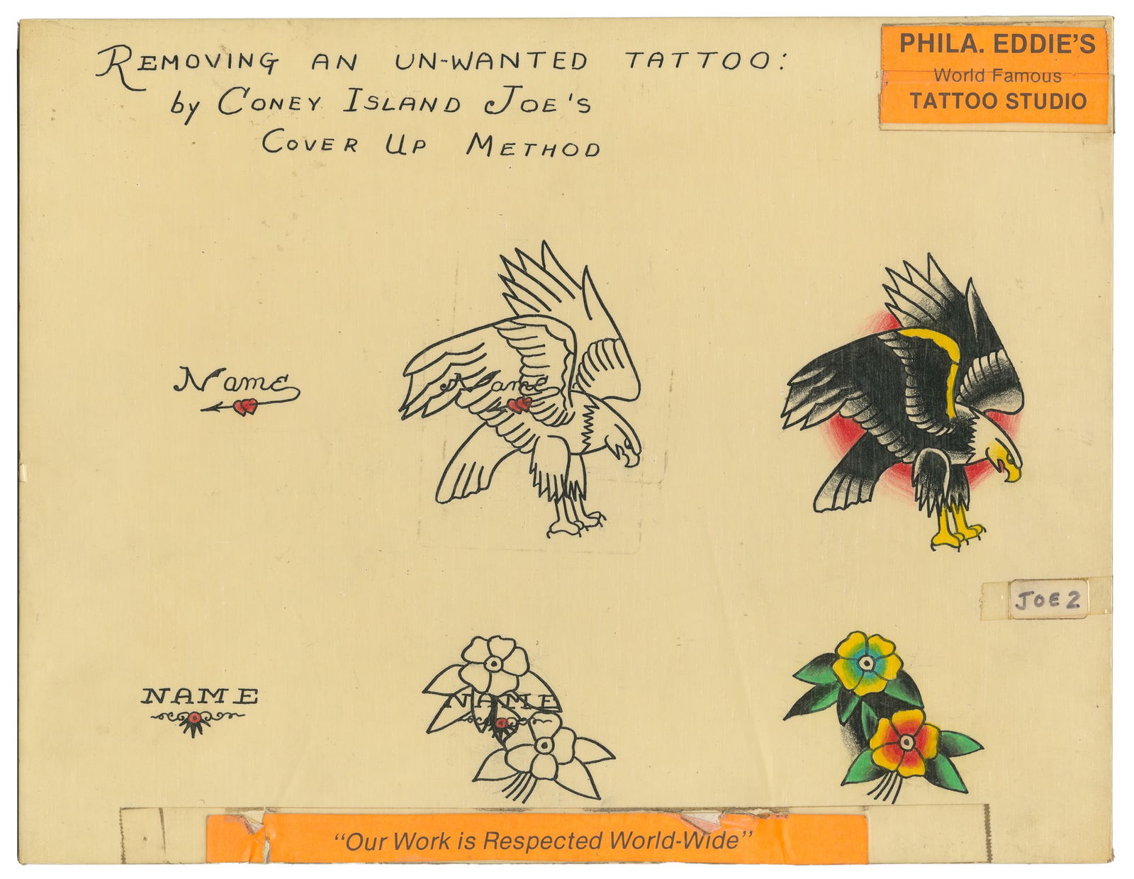 Removing An Un-Wanted Tattoo: by Coney Island Joe's Cover-Up Method, ca. 1960s/70s: Coney Island Joe (20th-century artist). "Removing An Un-Wanted Tattoo: by Coney Island Joe's Cover-Up Method." Philadelphia Eddie's World Famous Tattoo Studio, 1960s/70s. Unsigned. Includes two