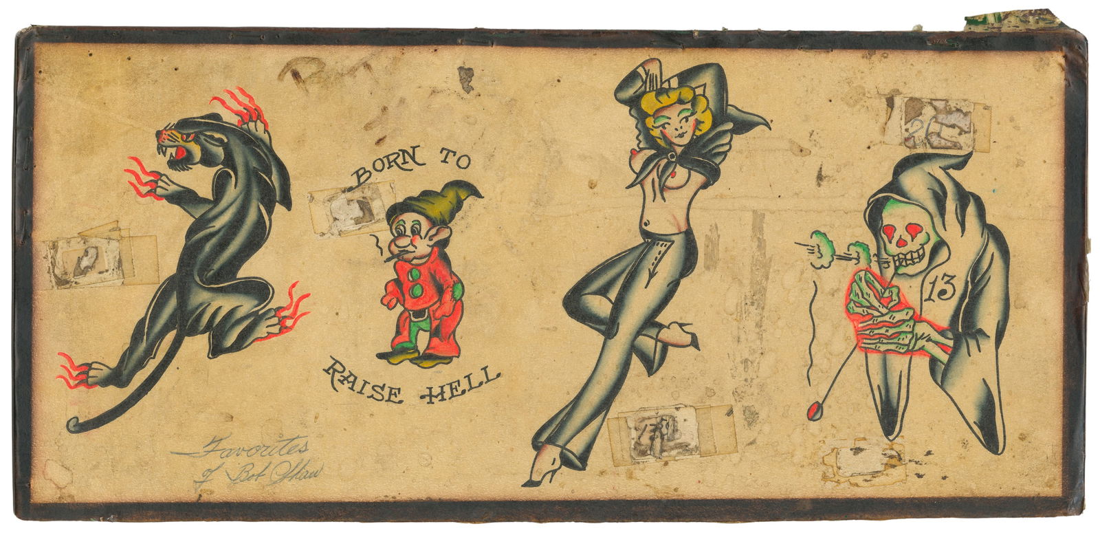 Favorites of Bob Shaw Four Design Flash Sheet: Bob Shaw (1926-1993). "Favorites of Bob Shaw" Four Design Flash Sheet. Four ink and watercolor flash designs on board. 7 1/2 x 16 1/2". Moderate toning to sheet with spot staining across sheet;