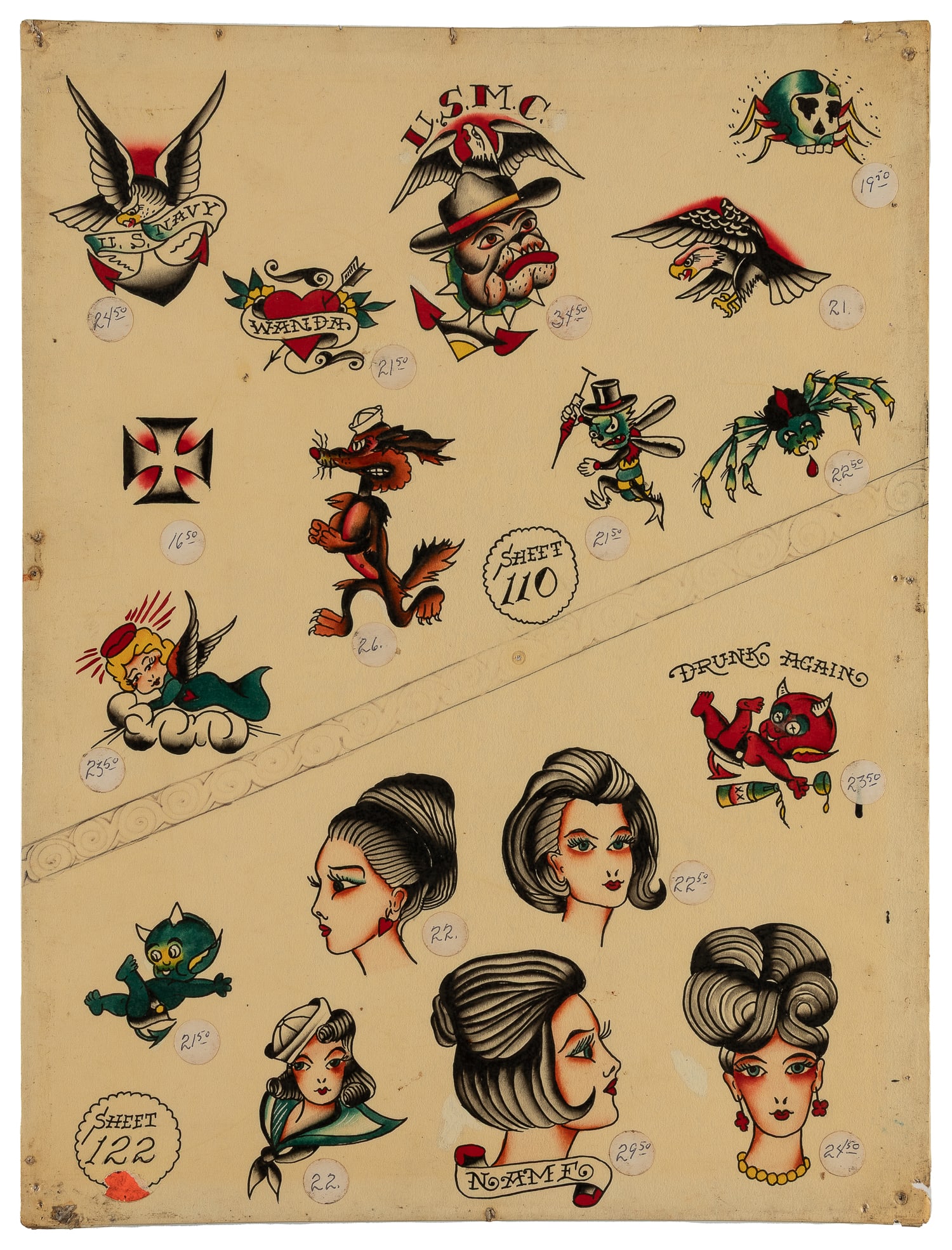 Seventeen Flash Designs by Bob Shaw, Bert Grimm’s Tattoo, Long Beach Pike, 1960s: Bob Shaw (1926-1993). Bert Grimm’s Tattoo, Long Beach Pike, 1960s. Unsigned. Ink and watercolor on board. Seventeen hand-drawn/ colored flash designs, including lady profiles, little devils, mil