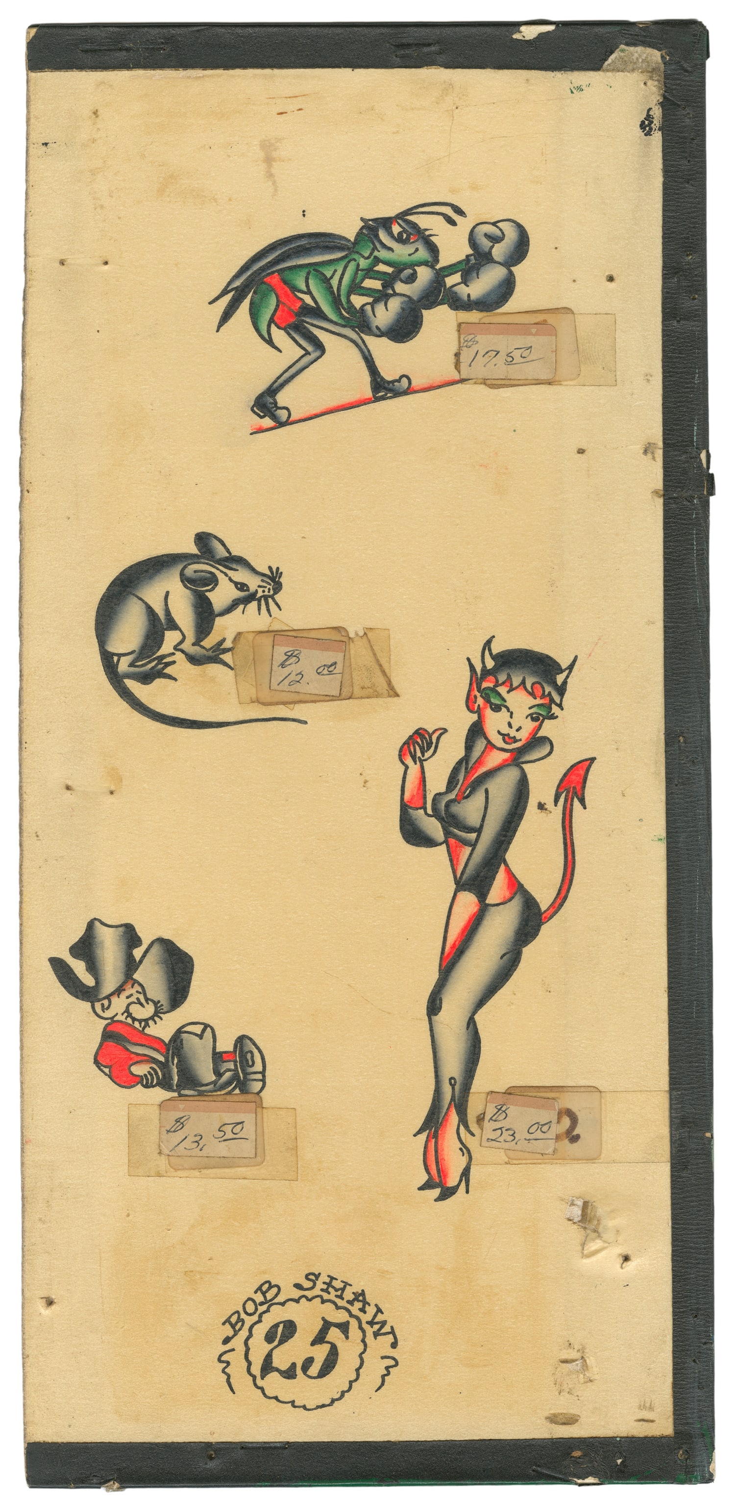 Devil Girl and other Tattoo Flash Designs by Bob Shaw. Long Beach, ca. 1980s.: Bob Shaw (American,1926-1993). Devil Girl and Other Tattoo Flash Designs by Bob Shaw. Long Beach, ca. 1980s. Ink and watercolor on illustration board, signed lower center "Bob Shaw / 25." 15 x 7". 