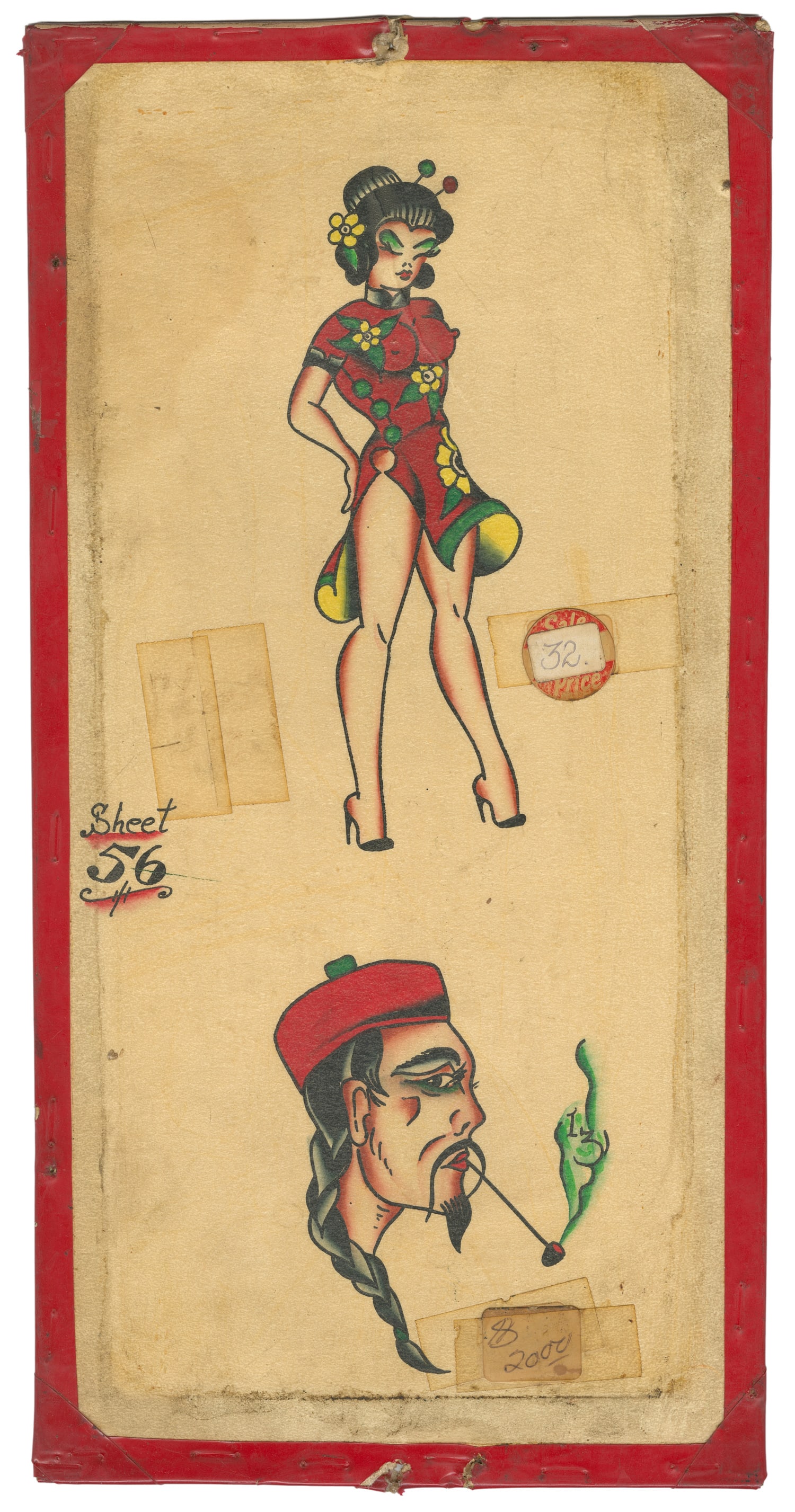 Two Design Tattoo Flash by Bob Shaw. Long Beach, ca. 1950s-60s.: Bob Shaw (American,1926-1993). Two Design Tattoo Flash by Bob Shaw. Long Beach, ca. 1950s-60s. Two ink and watercolor designs on paper mounted to board. Sheet (56) inked at left. 15 x 7 1/2". 