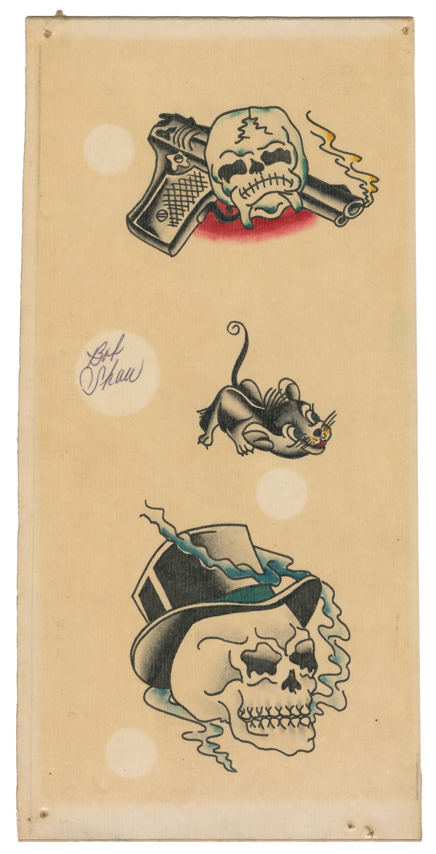 Skulls and mouse tattoo designs by Bob Shaw.: Skulls and mouse tattoo designs by Bob Shaw. Long Beach, ca. 1980s. Ink and watercolor on board. 12 x 6". Provenance: Collection of Jonathan Shaw.