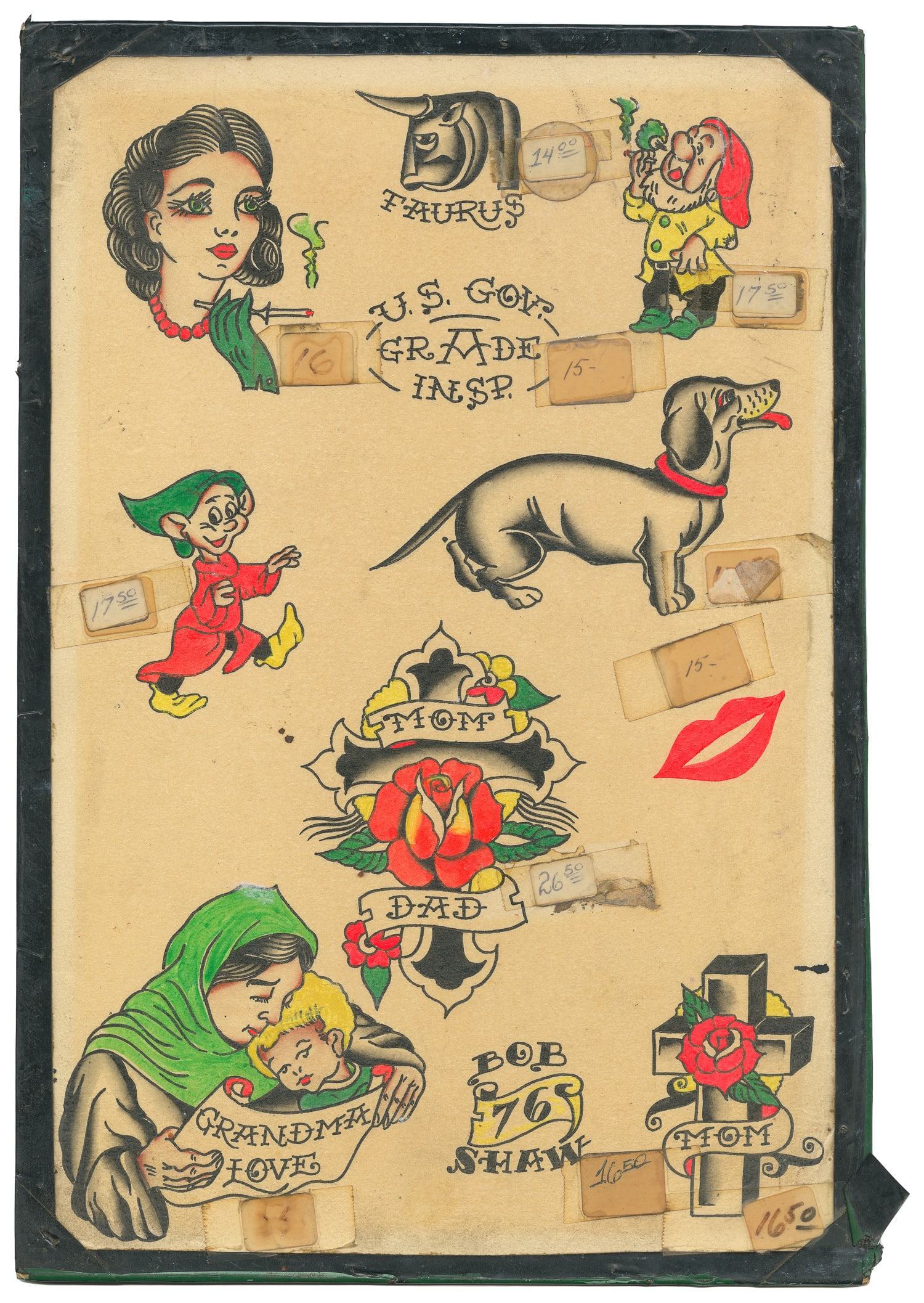 Bob Shaw 1976 Sheet with Ten Designs Including "Grandma Love": Hand-colored tattoo flash sheet by Bob Shaw (1926-1993). California, 1976. Signed and dated with $16.50 price sticker. Pricing intact next to each design. In 1976, Shaw and fellow artist Col. Todd pur