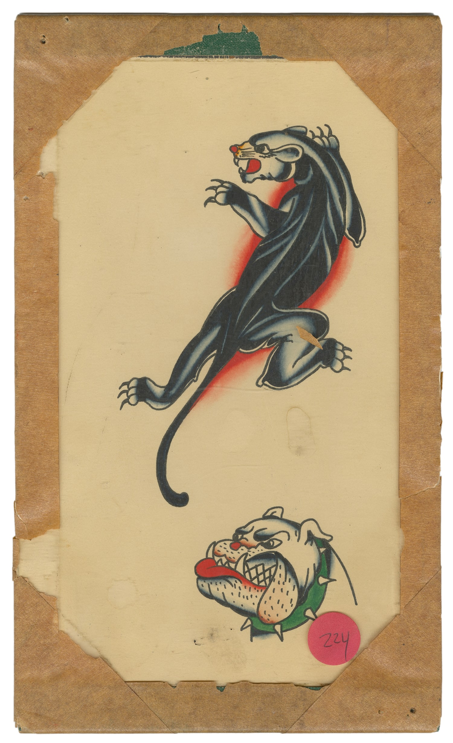 Bob Shaw Black Panther and Bull Dog Flash Sheet: Bob Shaw (1926-1993). Bob Shaw Black Panther and Bull Dog Flash Sheet. Unsigned. Two ink and watercolor flash designs on paper. 10 x 6". Toning to sheet. Scattered spot staining and stray marks. Prove