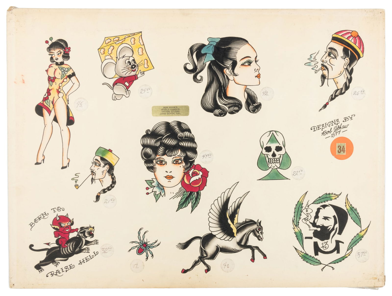 Designs by Bob Shaw Flash Sheet with Eleven Designs, 1977: Bob Shaw (1926-1993). Long Beach, California: Bob Shaw's World Famous Tattoo Studio, 1977. Signed and dated to the right margin. Ink and watercolor on board. Eleven flash designs featuring a variety o