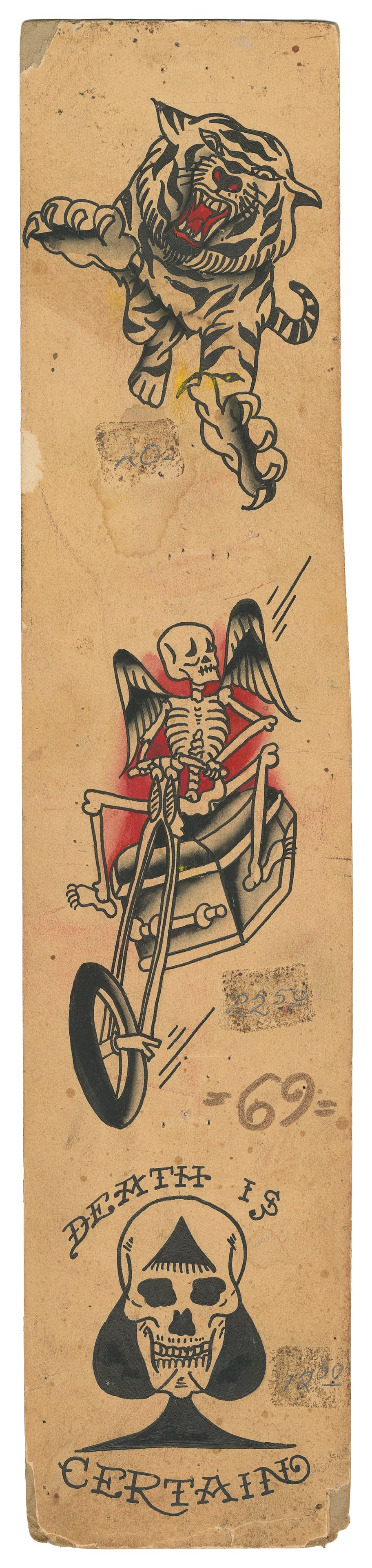 Death Is Certain and Two Other Flash Designs by Bob Shaw: Bob Shaw (American,1926-1993). "Death Is Certain" and Two Other Flash Designs by Bob Shaw. USA, mid-20th century. Unsigned. Approx. 16 x 8". Toning to the sheet with areas of foxing and discolorations
