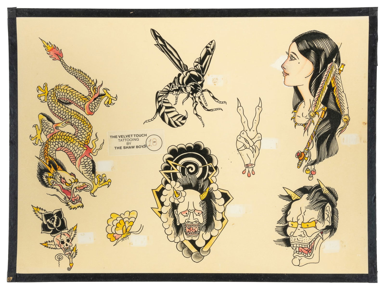 Bob Shaw Eight Design Flash Sheet. The Velvet Touch Tattooing by The Shaw Boys. 1980s.: Bob Shaw (American,1926-1993). Bob Shaw Eight Design Flash Sheet. The Velvet Touch Tattooing by The Shaw Boys, 1980s. Eight Ink and watercolor designs on board featuring depictions of traditionally Ja