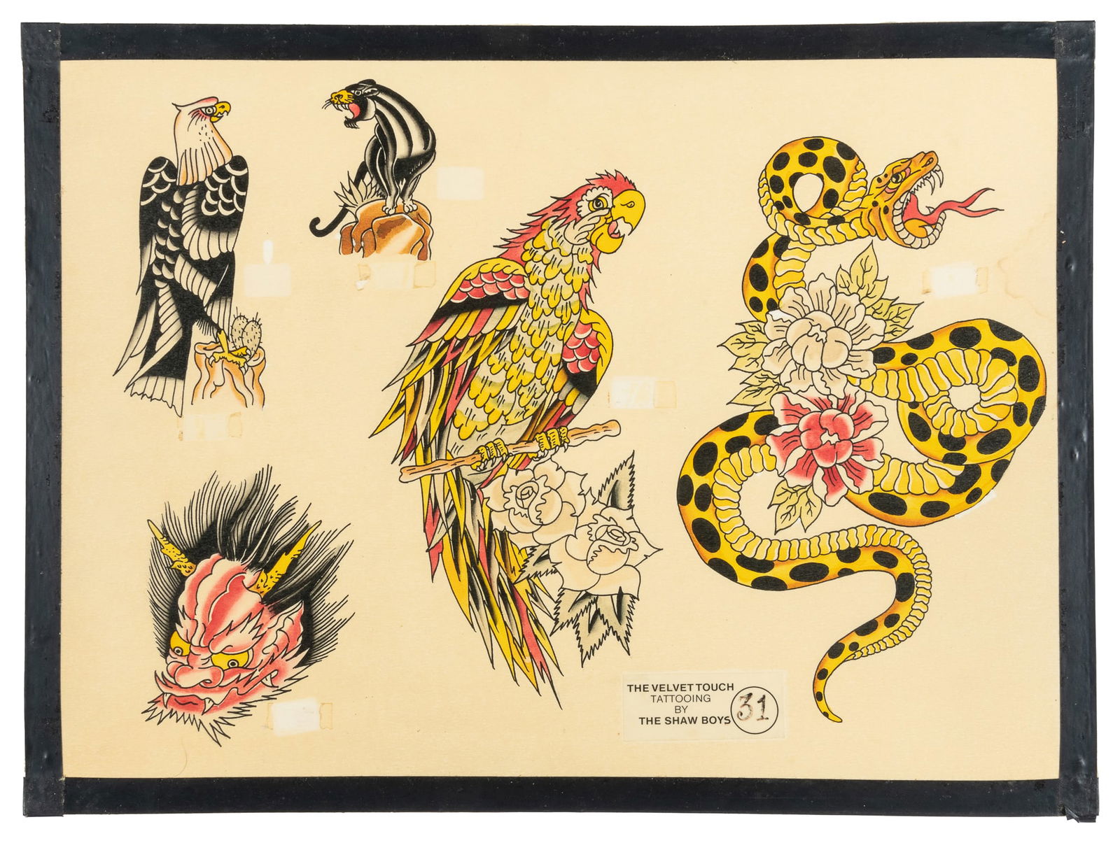 Bob Shaw Five Design Flash Sheet w/ Animal Motifs. The Velvet Touch Tattooing by the Shaw Boys,: Bob Shaw (American,1926-1993). Bob Shaw Five Design Flash Sheet w/ Animal Motifs. The Velvet Touch Tattooing by the Shaw Boys, 1980s. Five ink-and-watercolor flash designs on board, with few evoking a