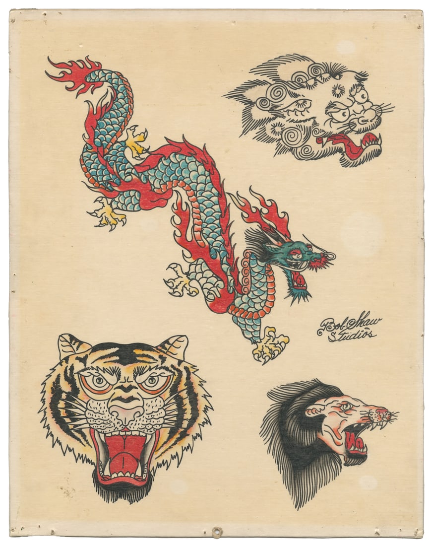 Bob Shaw Studios Tattoo Flash with Japanese Imagery: Bob Shaw (1926-1993). Bob Shaw Studios, 20th Century. Four ink and watercolor designs influenced by the Japanese style, including a dragon and foo dog. 14 x 11". Pinholes along edges, toning across sh