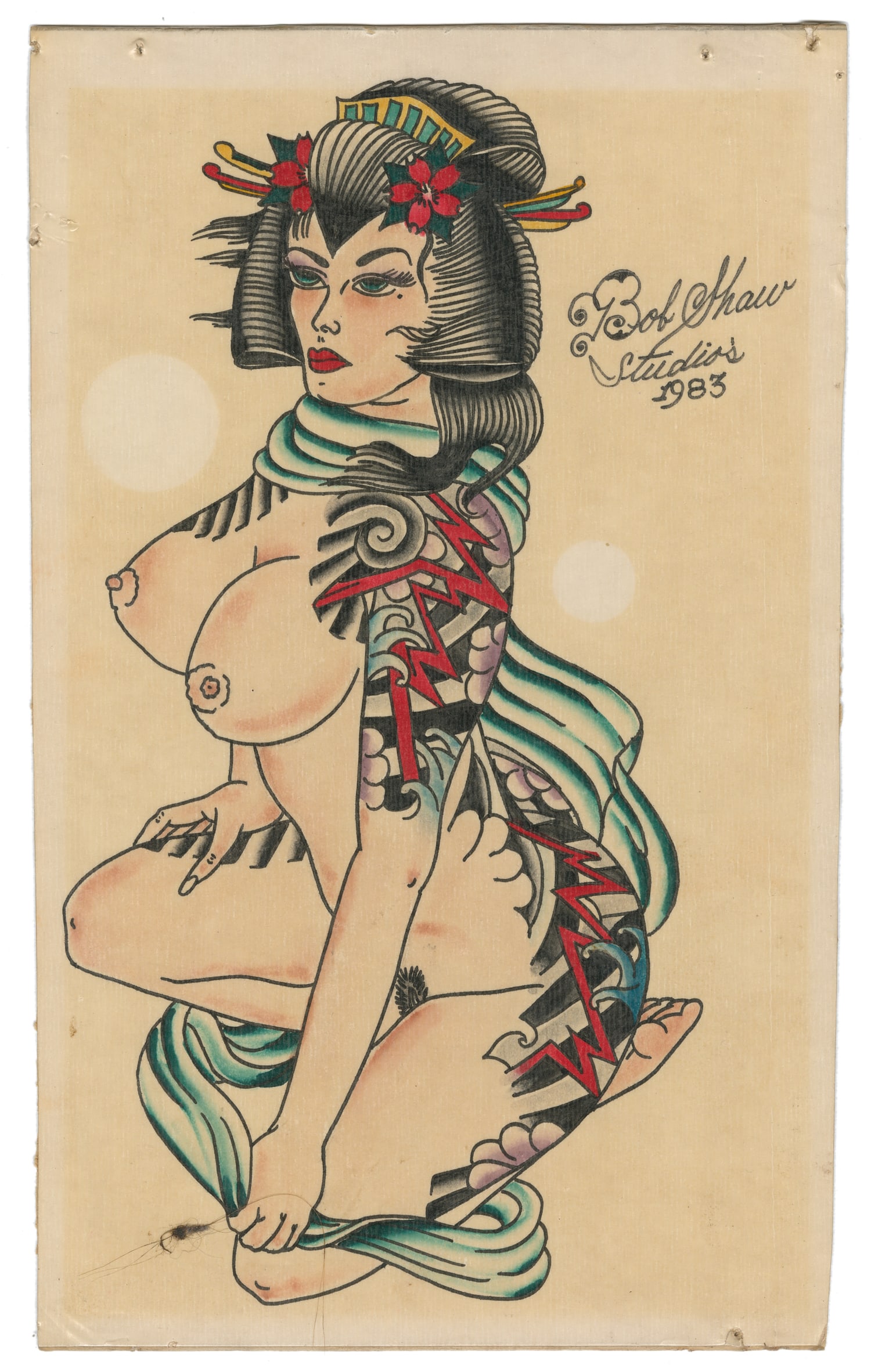 Tattooed Japanese Pinup Flash Sheet by Bob Shaw. Long Beach, 1983.: Tattooed Japanese Pinup Flash Sheet by Bob Shaw. Long Beach, 1983. Ink and watercolor on board. Large design of a Japanese-style pinup with tattoos on arms and back. Signed and dated upper right. 12 x