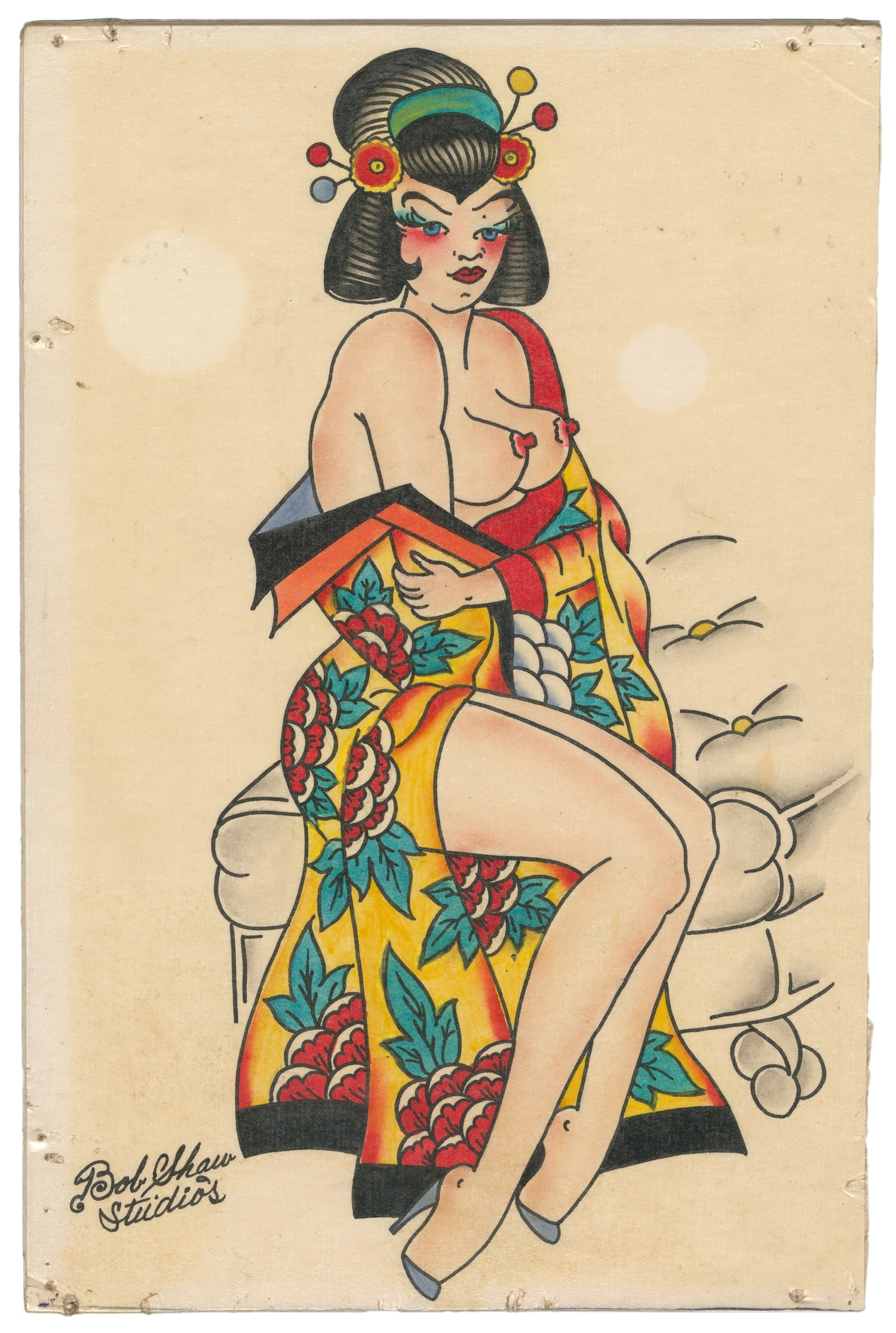 Single Japanese Pinup Tattoo Design by Bob Shaw Studios. Long Beach, ca. 1983.: Bob Shaw (American,1926-1993). Single Japanese Pinup Tattoo Design by Bob Shaw Studios. Long Beach, ca. 1983. Ink and watercolor on board. Signed lower left. 11 x 7 1/8". Toning and areas of discolora