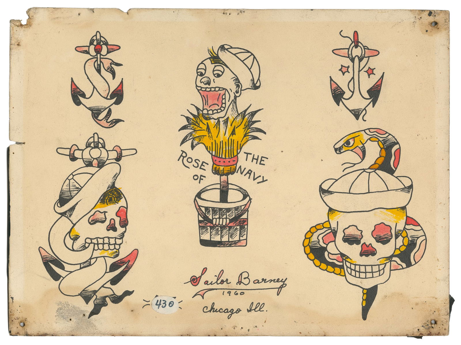 Sailor Barney Naval Flash Sheet. Chicago, 1960: Sailor Barney Sr. (American, Early 20th Century). Sailor Barney Naval Flash Sheet. Chicago, Ill., 1960. Signed and dated to the lower center margin. Five ink and watercolor designs on board featuring