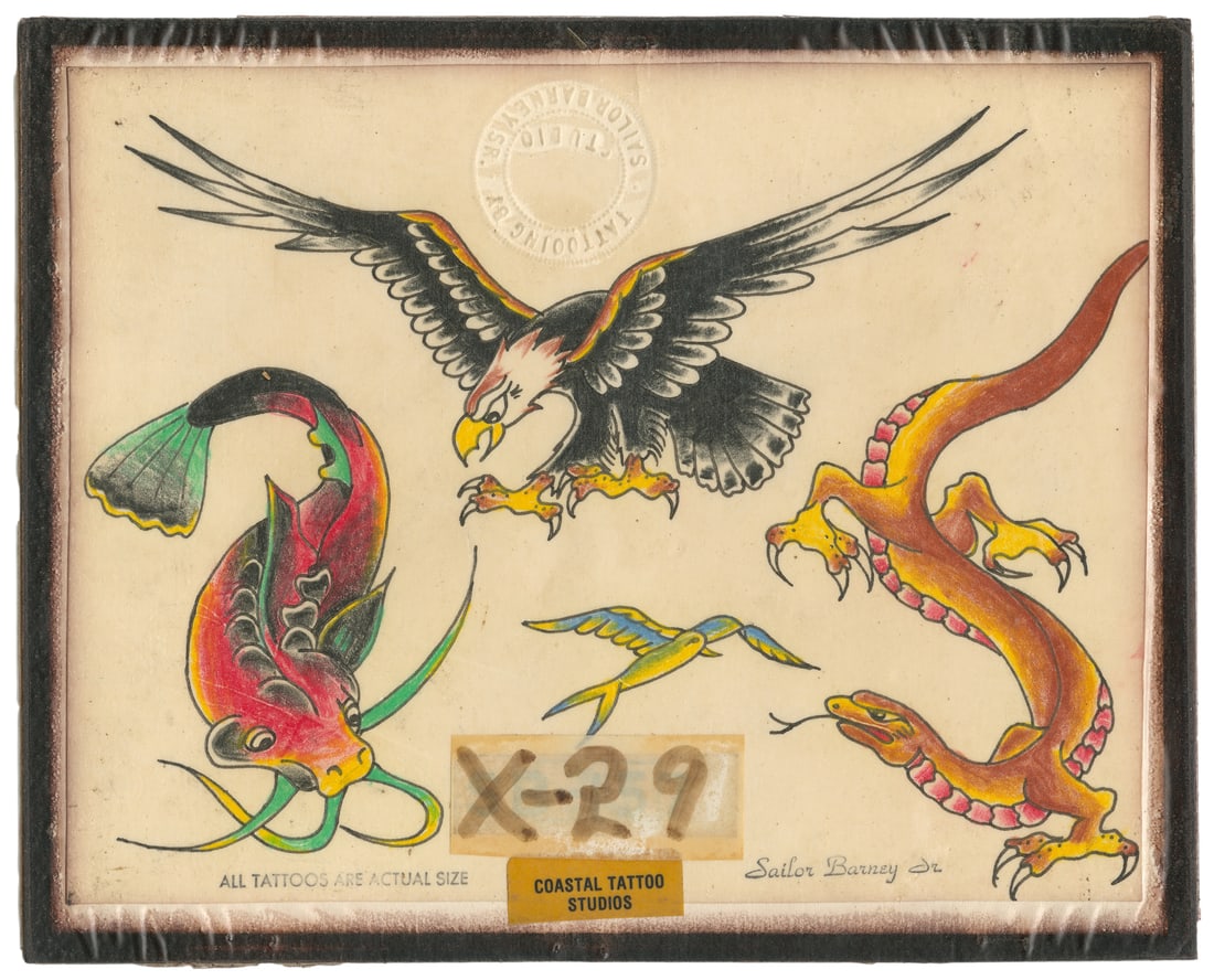 Sailor Barney Sr. Hand-Colored Flash Sheet, Coastal Tattoo Studios: Sailor Barney (American, active Early 20th Century). Blind stamp to the upper margin. Shop sticker to the lower, along with artist sig stamp. Crayon or colored pencil on paper. Mounted on board. Four