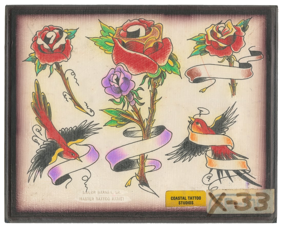 Sailor Barney Floral Flash Sheet, Coastal Tattoo Studios: Sailor Barney Sr (American, Early 20th Century). Sailor Barney Floral Flash Sheet. Coastal Tattoo Studios. Artist's blind stamp to the lower center. Five hand-colored flash designs with ribbons incorp