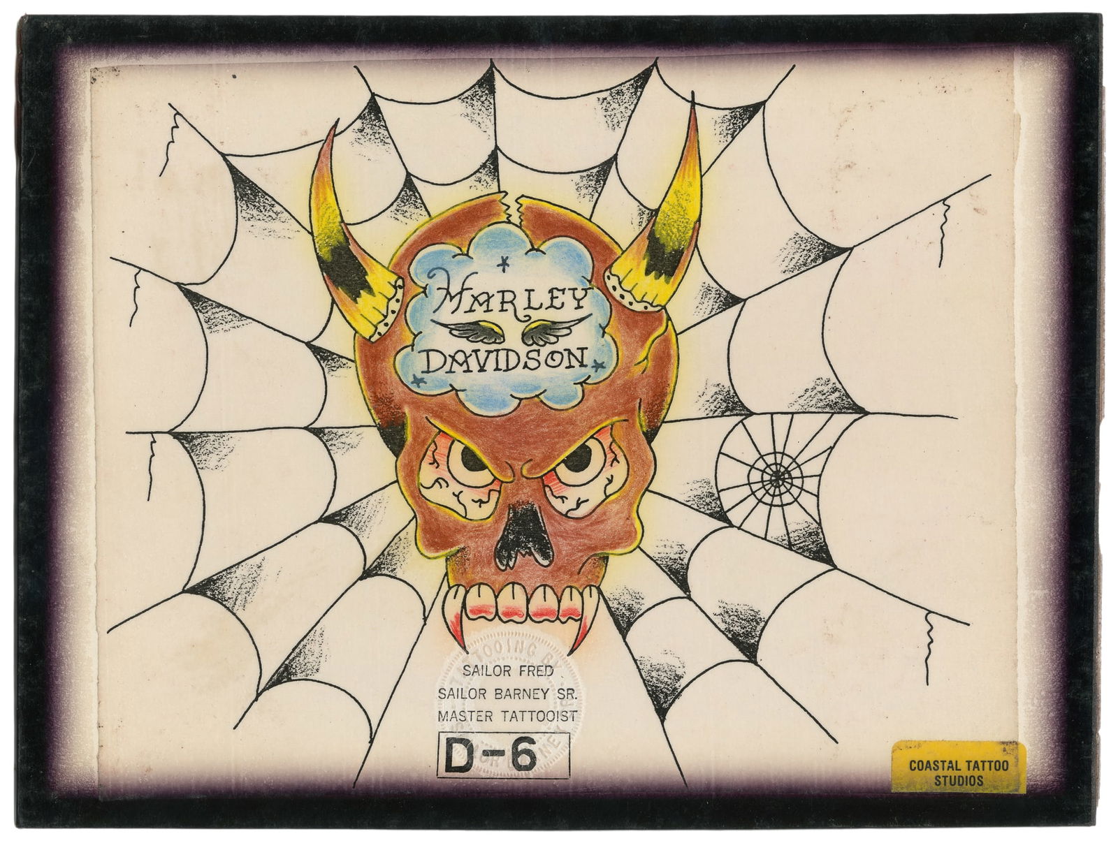 Sailor Barney Single Harley Davidson Flash Design. Coastal Tattoo Studios: Sailor Barney Sr. (American, Early 20th Century). Sailor Barney Single Harley Davidson Flash Design. Coastal Tattoo Studios. Sailor Barney blind stamp to the lower center. Single hand-colored Harley D