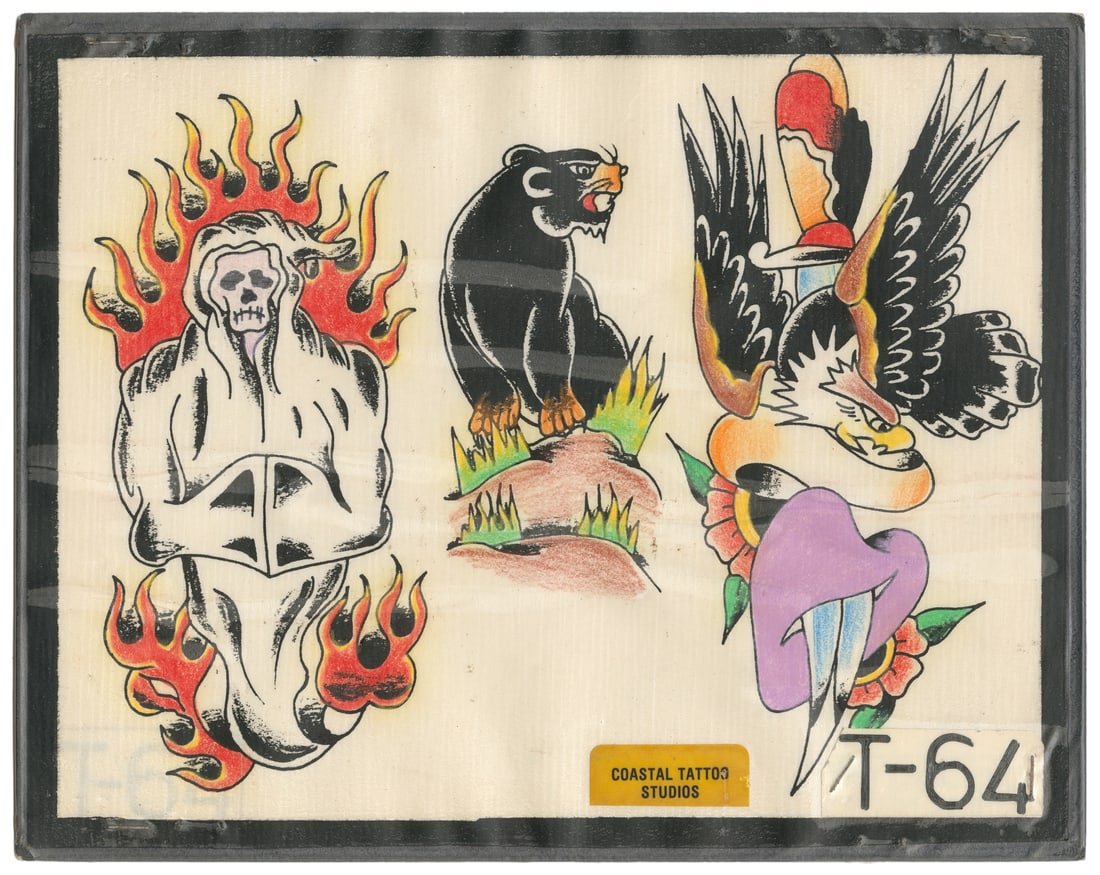 Sailor Barney Three Design Flash Sheet, Coastal Tattoo Studios: Sailor Barney (attributed). Unsigned. Three flash design sheet with hand-colored (crayon or color pencil) designs. Shop sticker to the lower center margin. 10 x 8". Light toning; creases present acros