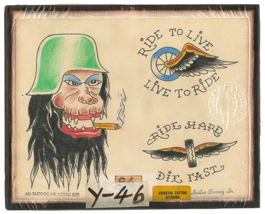 Ride Hard. Die Fast. and Other Sailor Barney Biker Flash. Coastal Tattoo Studios: Sailor Barney (American, active Early 20th Century). "Ride Hard. Die Fast." and Other Sailor Barney Biker Flash. Coastal Tattoo Studios, 50s/60s. Stamped signature to the lower right. Three hand-color