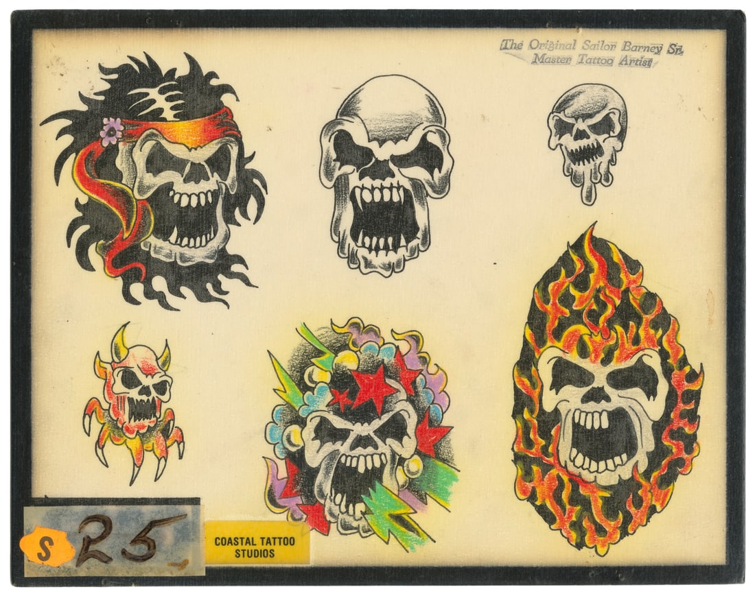 Sailor Barney Skull Motif Flash Sheet, Coastal Tattoo Studios: Sailor Barney Sr. (American, Early 20th Century). Sailor Barney Skull Motif Flash Sheet, Coastal Tattoo Studios. Six skull designs done in colored pencil on board. Sailor Barney stamp. Shop sticker to