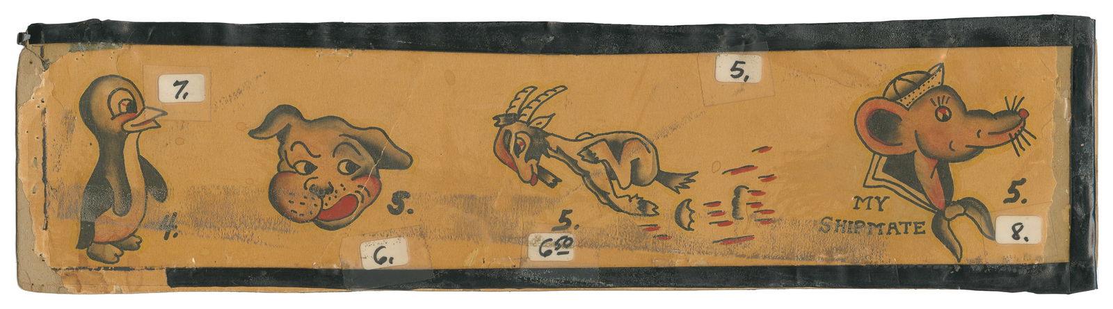 My Shipmate and Other Flash Designs by Bert Grimm: Bert Grimm (American,1900-1985). "My Shipmate" and Other Flash Designs by Bert Grimm. Unsigned. Four ink and watercolor flash designs on board. Approx. 16 x 8". Darkening to edges; moderately toned;