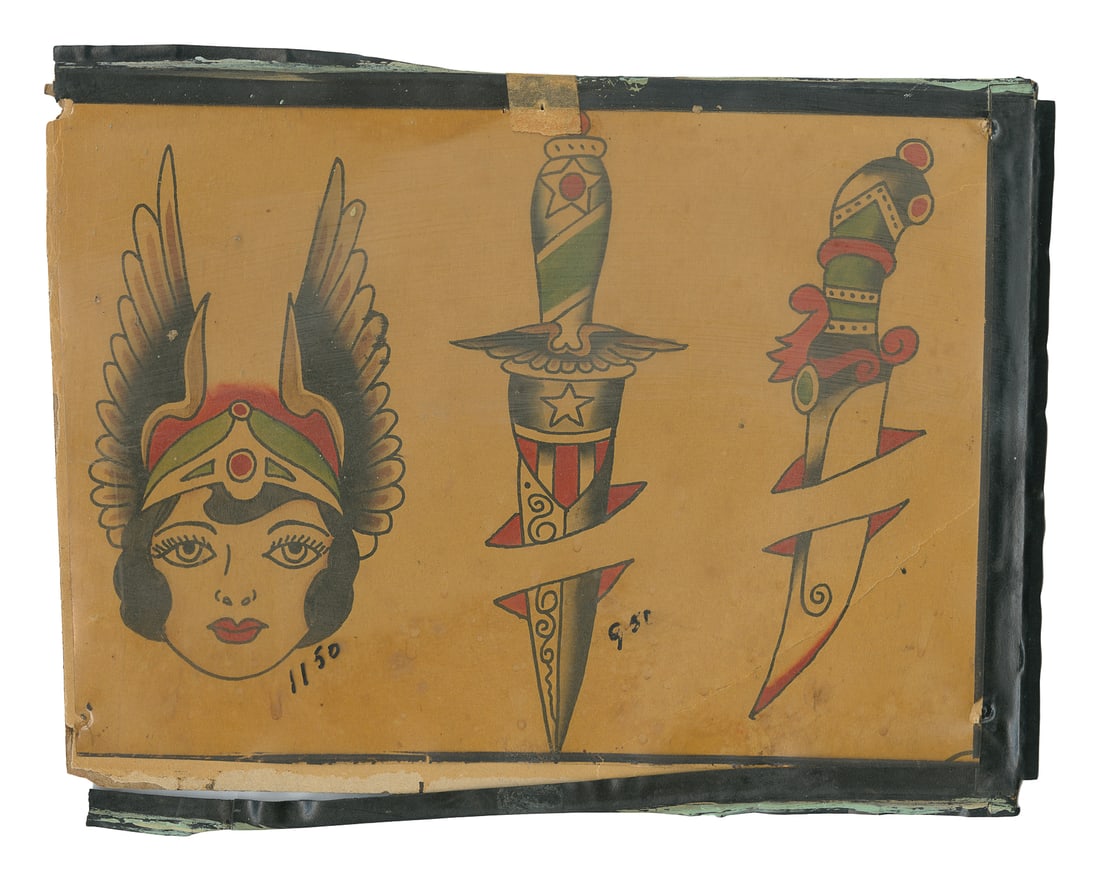 Bert Grimm Flash Three Design Flash Sheet. Long Beach, California, ca. 1950-60s: Bert Grimm (1900-1985). Three ink and watercolor designs. Unsigned. Moderate toning with discolorations. Edge wear, residual tape. 7 1/2 x 10". Provenance: p156, Vintage Tattoo Flash, Vol 1 The