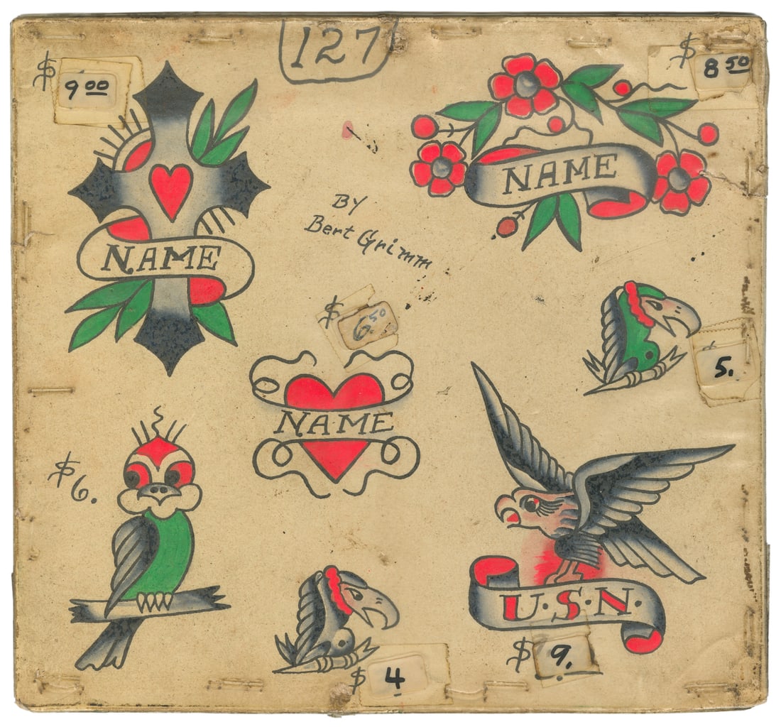 Bert Grimm Flash Sheet Long Beach, California, ca. 1950-60s: Bert Grimm (1900-1985). Long Beach, California, ca. 1950-60s. Signed to the center. 7 flash designs. hand colored. 8 1/2 x 8". Darkening to edges; moderately toned; edge wear. Price stickers remain. P