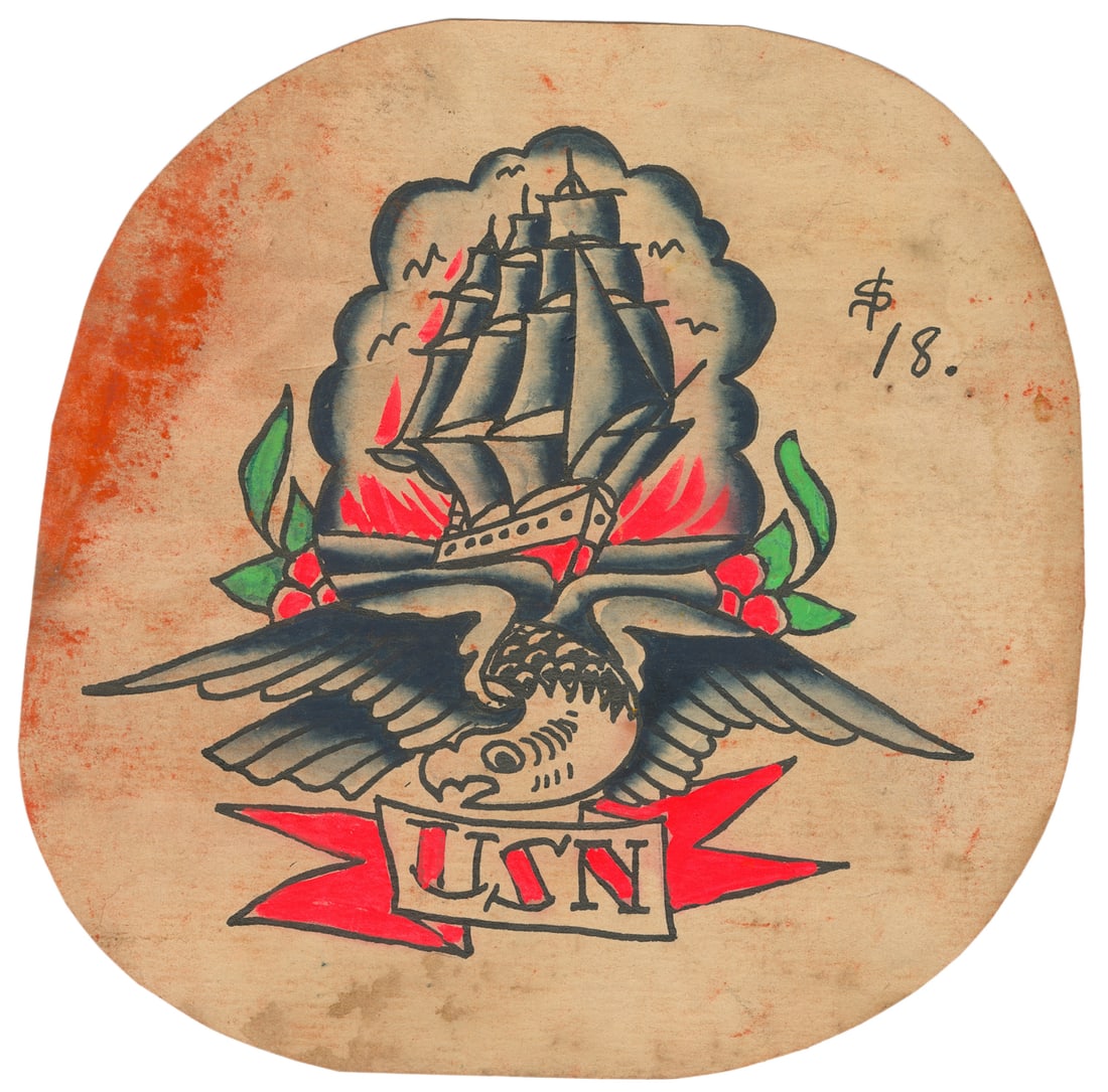 Bert Grimm Single Naval Flash Design: Bert Grimm (1900-1985). Bert Grimm Single Naval Flash Design. U.S. Navy design w/ naval banner, eagle, and ship motifs. Hand-colored. Original price written in pen. 6 1/2 x 6 1/2". Soiling to sheet wi