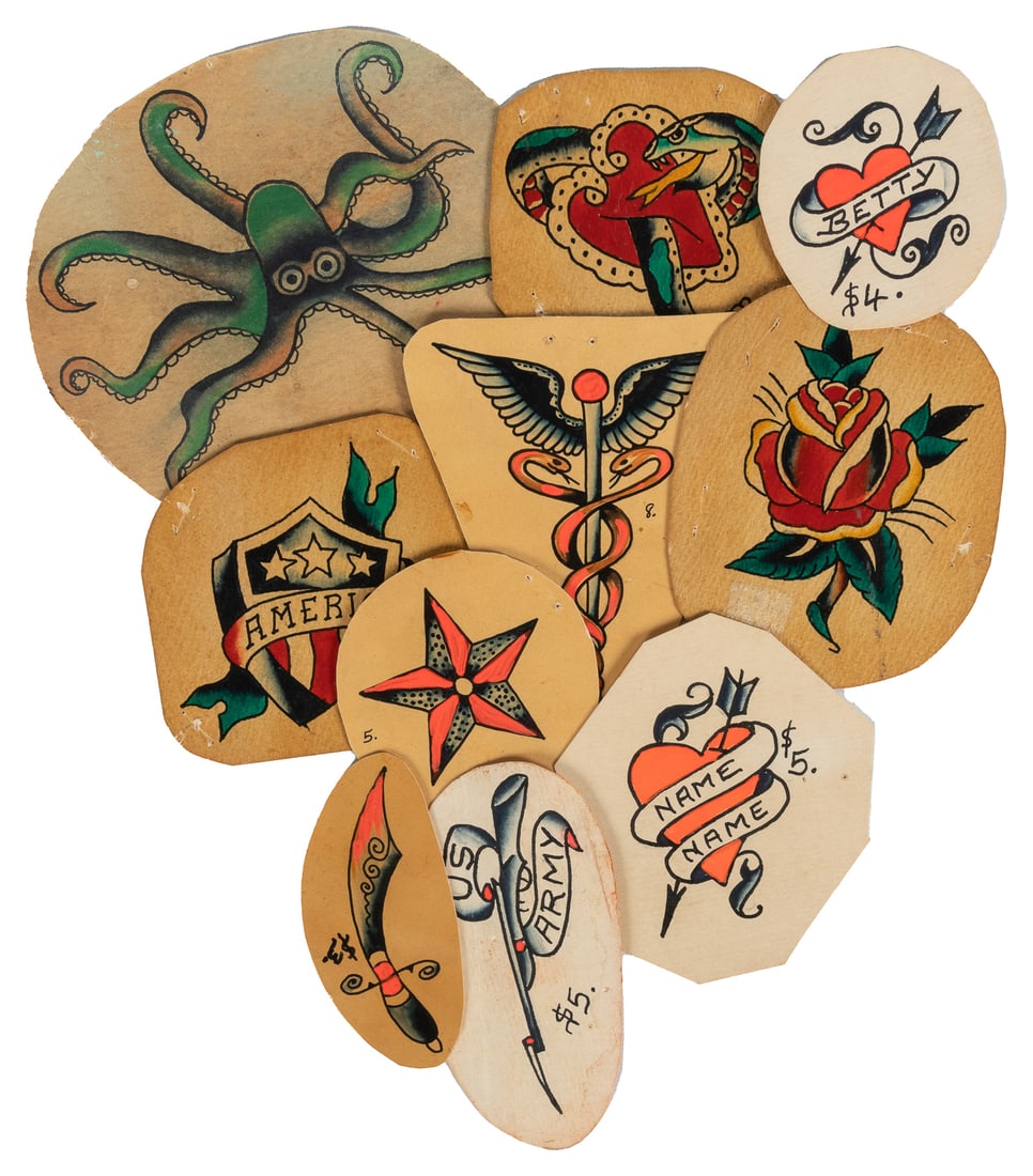 Ten Individual Hand-Colored Bert Grimm Flash Designs. USA, Early to Mid 20th Century: Bert Grimm (1900-1985). Ten Individual Bert Grimm Flash Designs. USA, Early to Mid 20th Century. Unsigned. Grouping of ten flash designs by Bert Grim with a variety of subject matter. Largest 5 x 5".