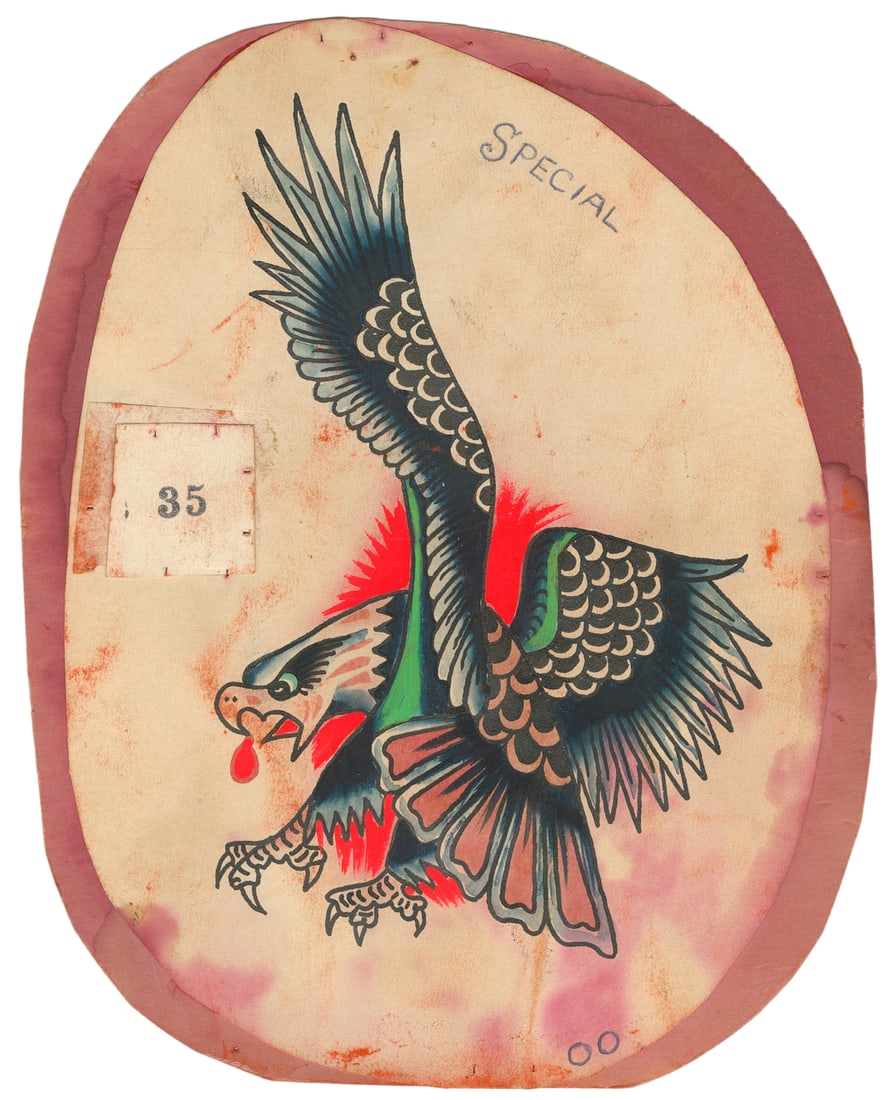 Bert Grimm Single Design Flash Sheet, Unknown, USA ca. 1950s: Bert Grimm (1900-1985). Bert Grimm Single Design Flash Sheet, Unknown, USA, ca.1950s. Ink and watercolor marked "Special" to the upper margin. 8 x 6 1/2". Moisture damage with areas of color