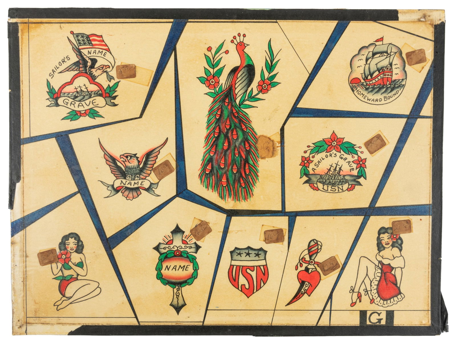 Homeward Bound and Other Tattoo Lou Flash Designs, ca. 1940s: Louis DeGennaro (1910-1968), aka Tattoo Lou (attributed). "Homeward Bound" and Other Tattoo Lou Flash Designs. Long Beach Pike: Bert Grimm Tattoo Studio, ca. 1940s. Unsigned. Hand-drawn and colored