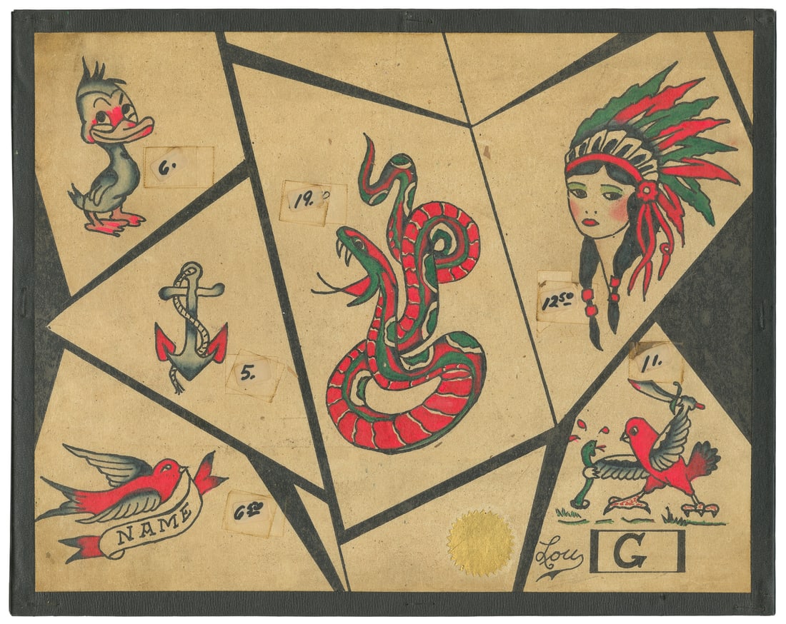 Tattoo Lou Flash Sheet w/ Six Designs. Bert Grimm Tattoo, Long Beach Pike, 1960s: Louis DeGennaro (1910-1968), aka Lou Lewis/Tattoo Lou. Tattoo Lou Flash Sheet w/ Six Designs. Bert Grimm Tattoo, Long Beach Pike, 1960s. Signed to the lower right margin. Six ink and watercolor