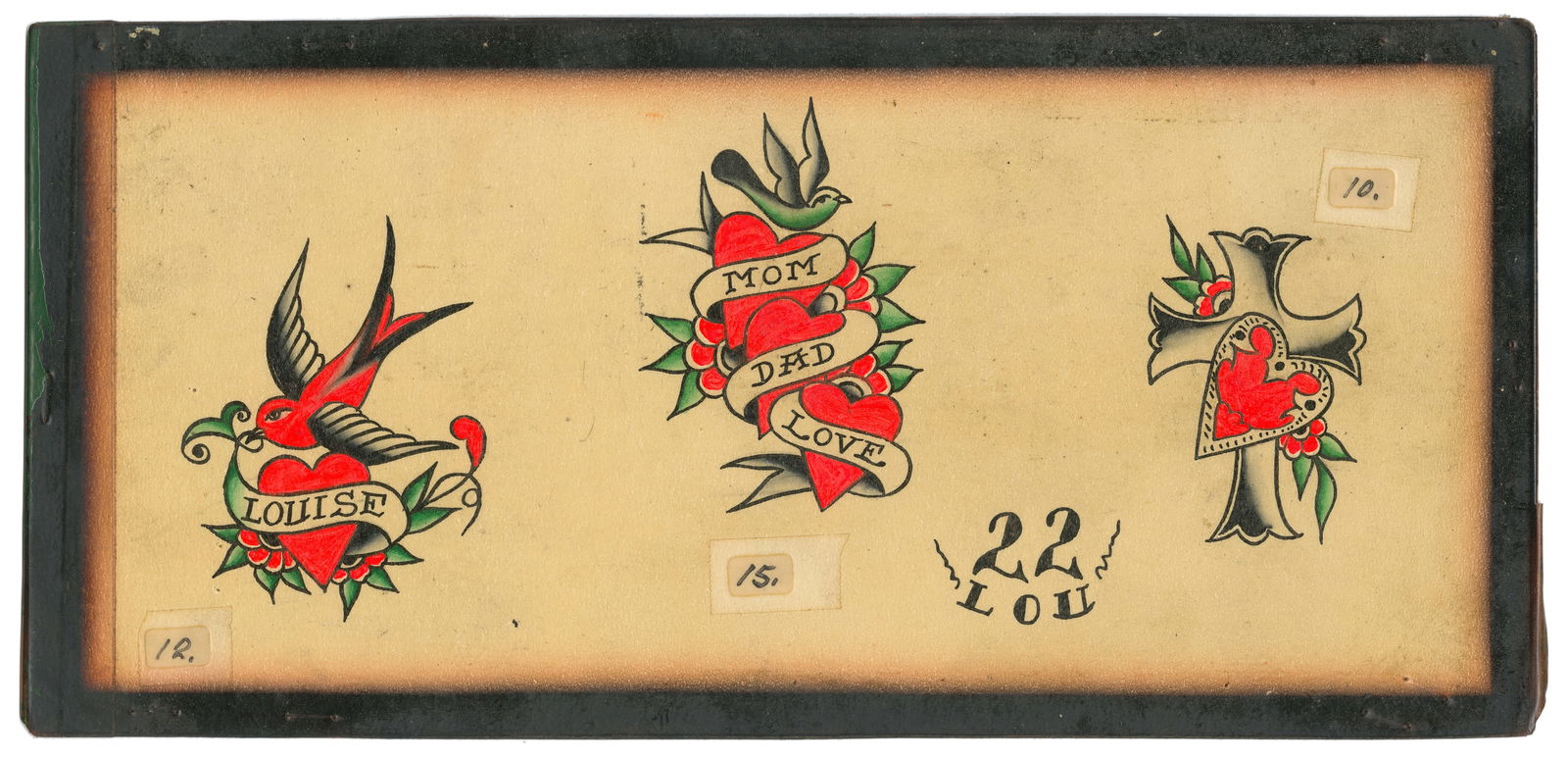 Tattoo Lou Heart Flash Trio, Bert Grimm’s Tattoo Studio,: Louis DeGennaro (1910-1968), aka Lou Lewis/Tattoo Lou. Tattoo Lou Flash Sheet, Bert Grimm’s Tattoo Studio, USA. Three hand-colored "in memoriam" tattoos. Signed LOU to the lower right margin.
