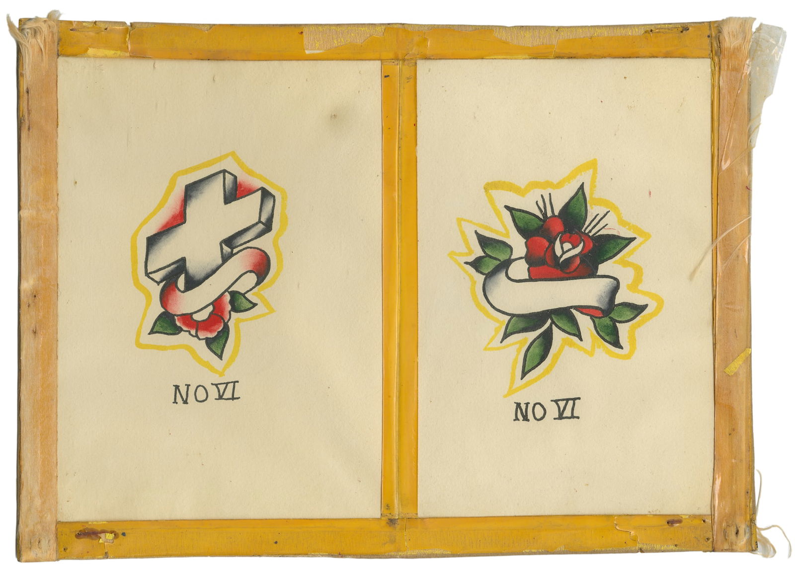 Two Ink and Watercolor Flash Designs. Bert Grimm's Tattoo, Long Beach Pike.: Unknown Artist. Bert Grimm Tattoo, Long Beach Pike. Ink and watercolor on board. Two flash designs, including ribbons for names. 10 x 7". Taped edges; toning with lightly scattered marks across the